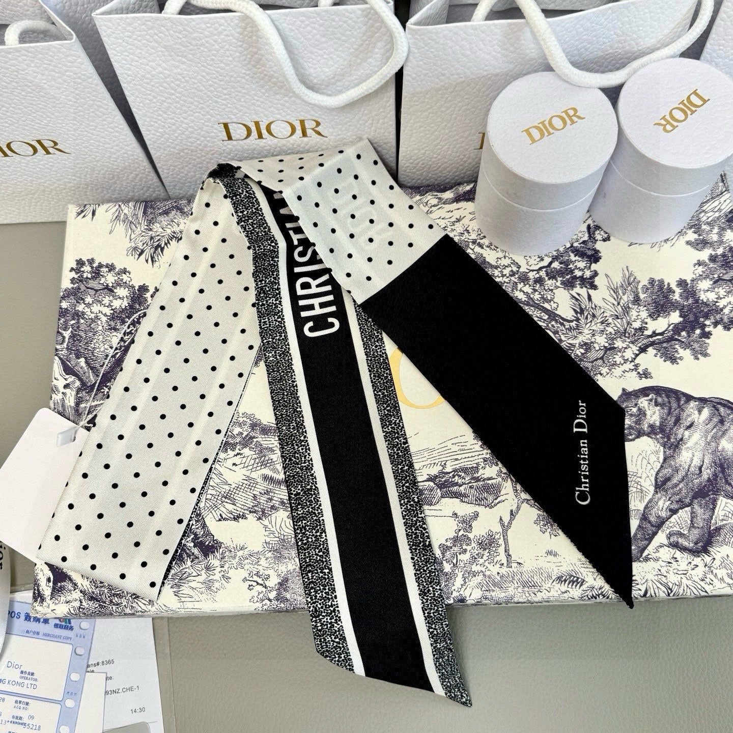 CD Twilly Mini Scarf 105cm Black White Mulberry Silk 957050