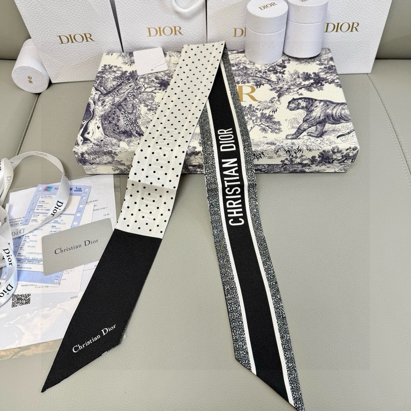 CD Twilly Mini Scarf 105cm Black White Mulberry Silk 957050