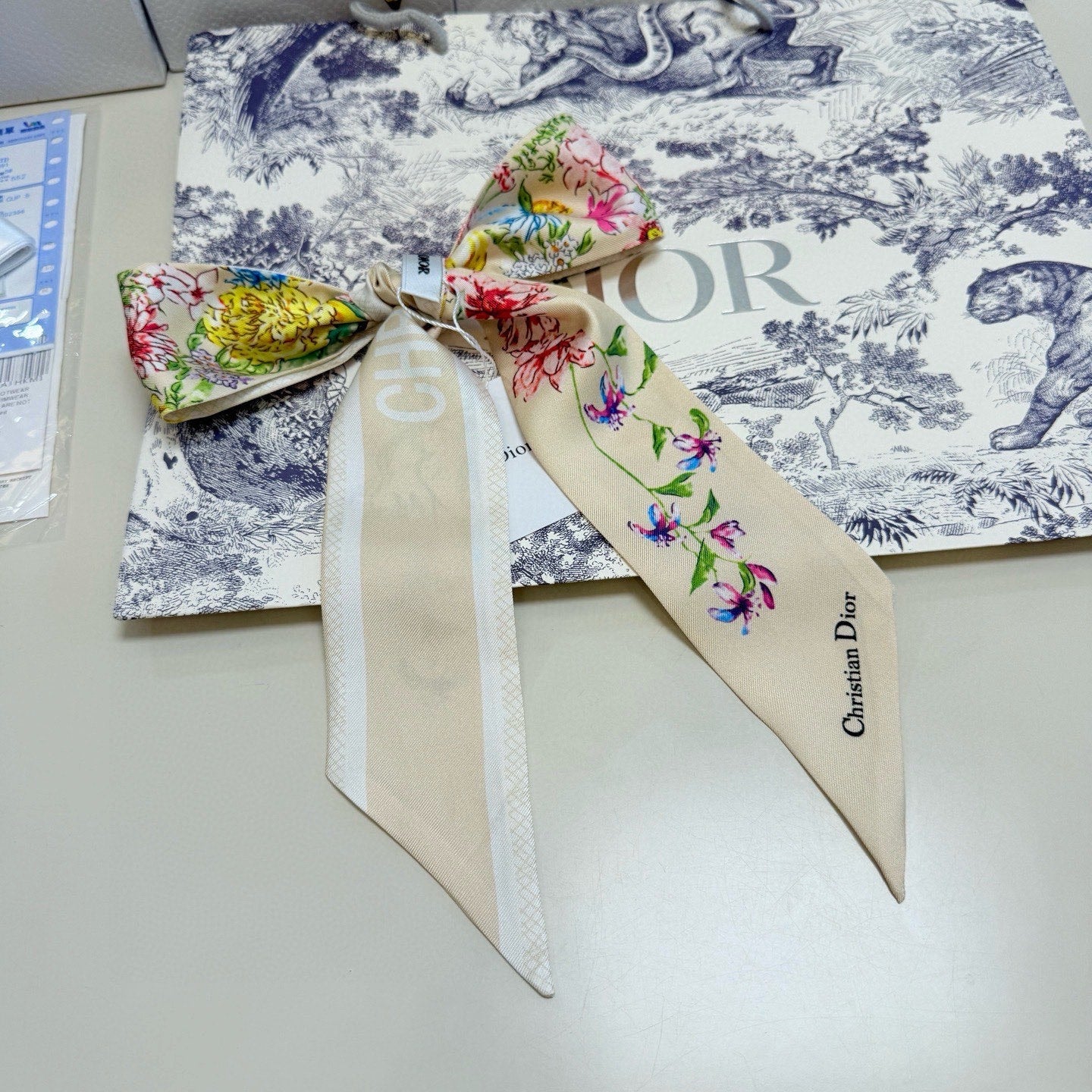 CD Twilly Mini Scarf 100cm Beige Colorful Mulberry Silk 958857