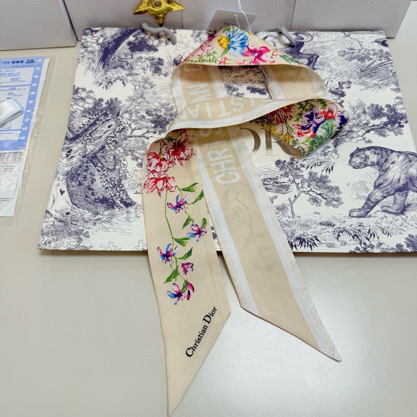 CD Twilly Mini Scarf 100cm Beige Colorful Mulberry Silk 958857