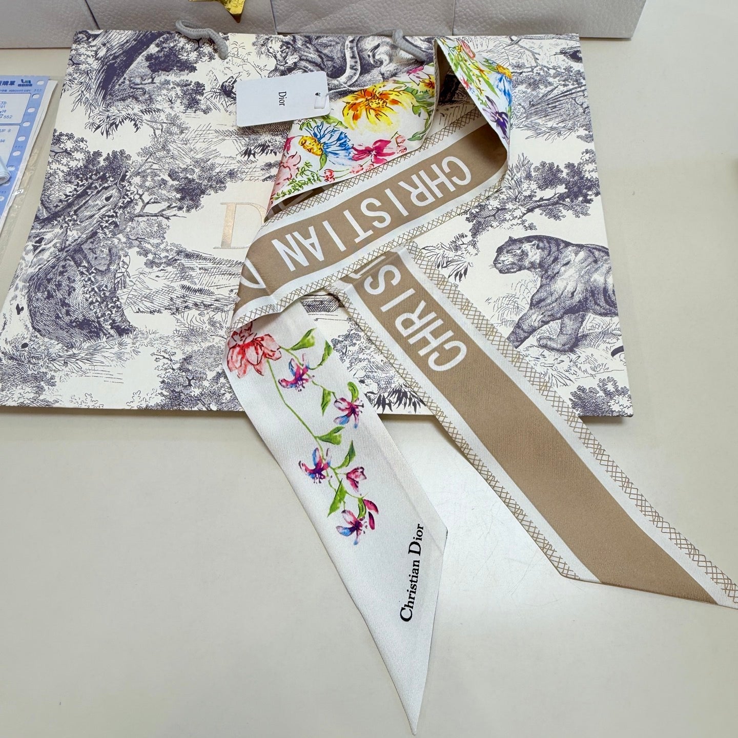 CD Twilly Mini Scarf 100cm Beige Colorful Mulberry Silk 958858