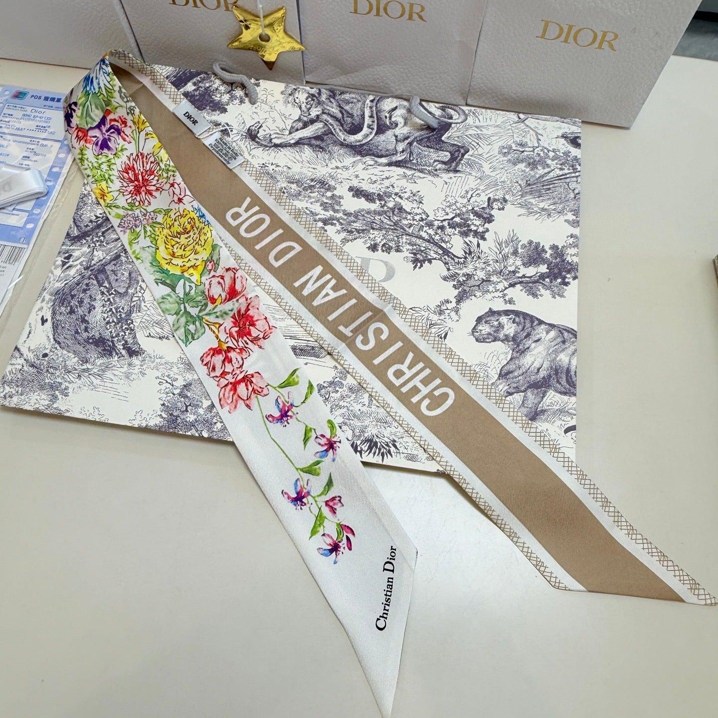 CD Twilly Mini Scarf 100cm Beige Colorful Mulberry Silk 958858