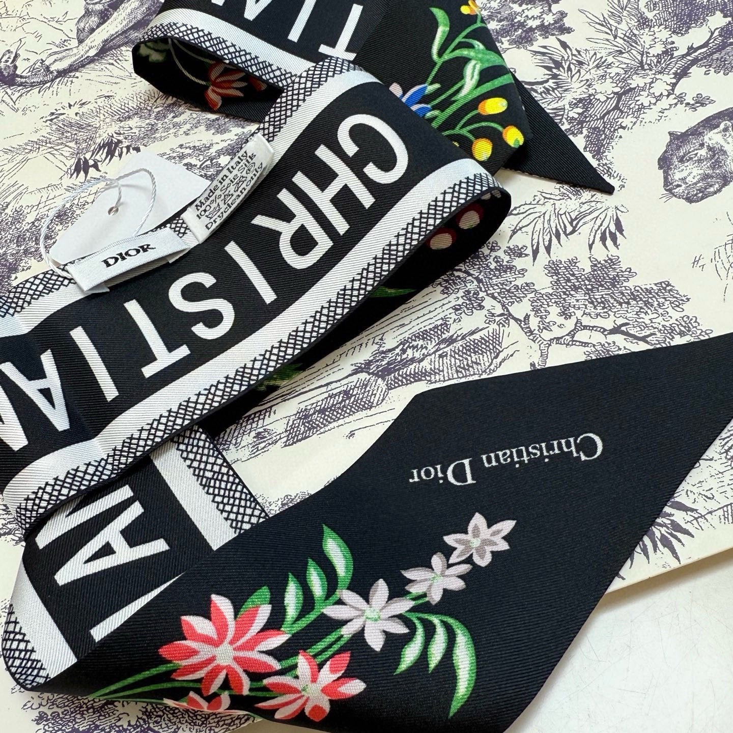 CD Twilly Mini Scarf 100cm Black Colorful Mulberry Silk 958859