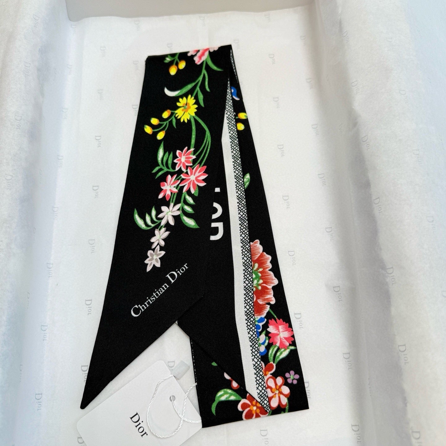 CD Twilly Mini Scarf 100cm Black Colorful Mulberry Silk 958859