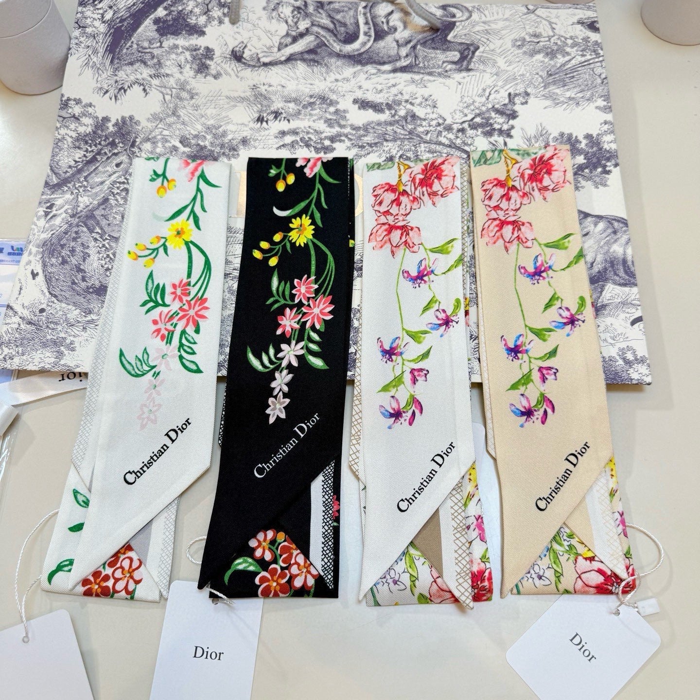 CD Twilly Mini Scarf 100cm Black Colorful Mulberry Silk 958859