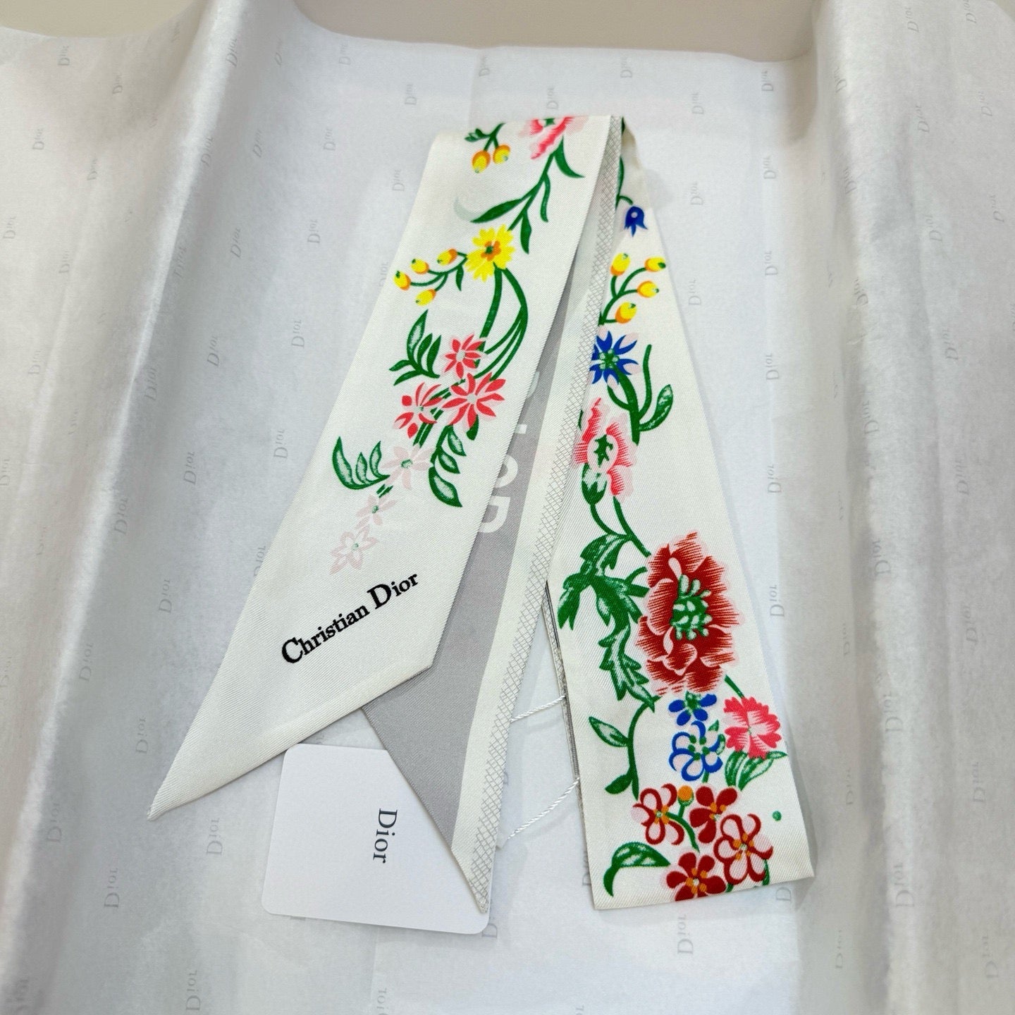 CD Twilly Mini Scarf 100cm White Colorful Mulberry Silk 958860