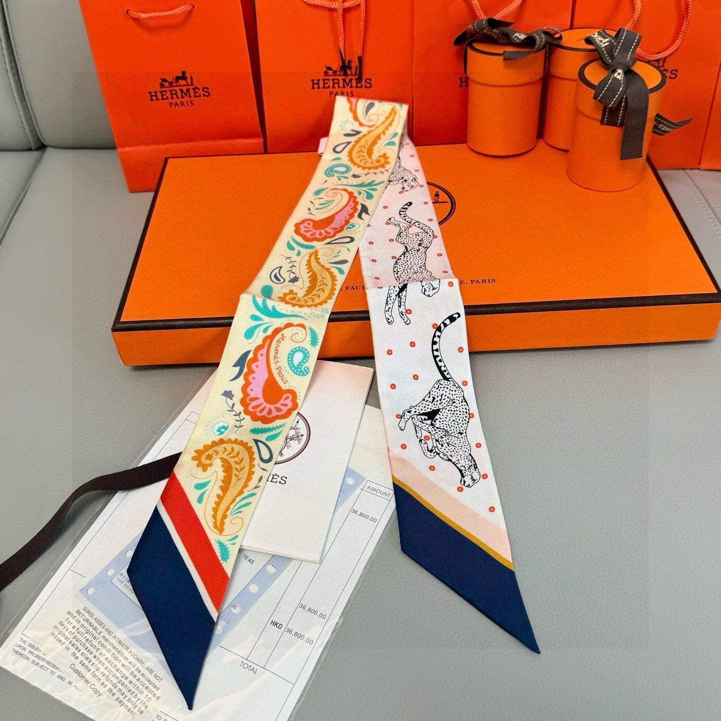 HM Twilly Mini Scarf 86CM Beige Blue Mulberry Silk 965635