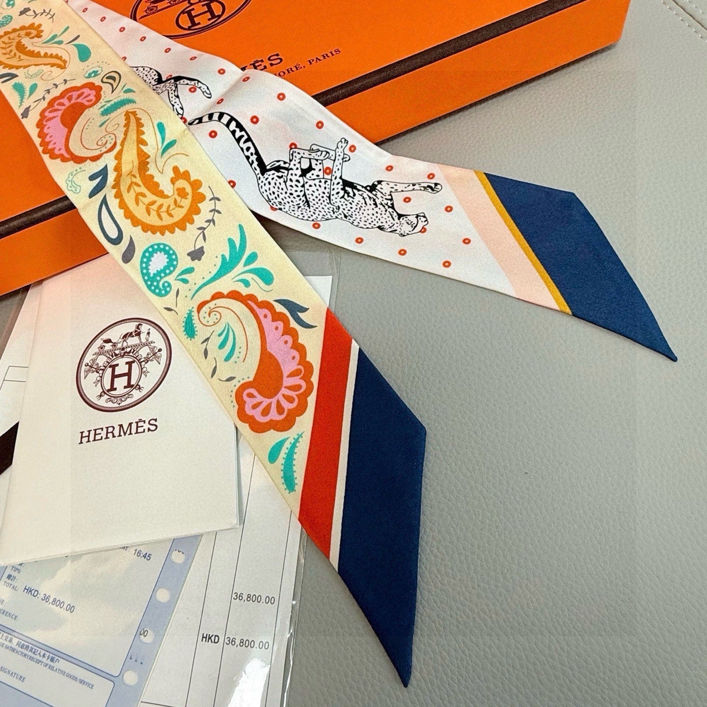 HM Twilly Mini Scarf 86CM Beige Blue Mulberry Silk 965635