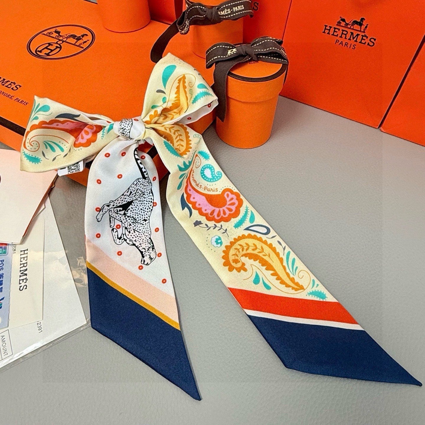 HM Twilly Mini Scarf 86CM Beige Blue Mulberry Silk 965635