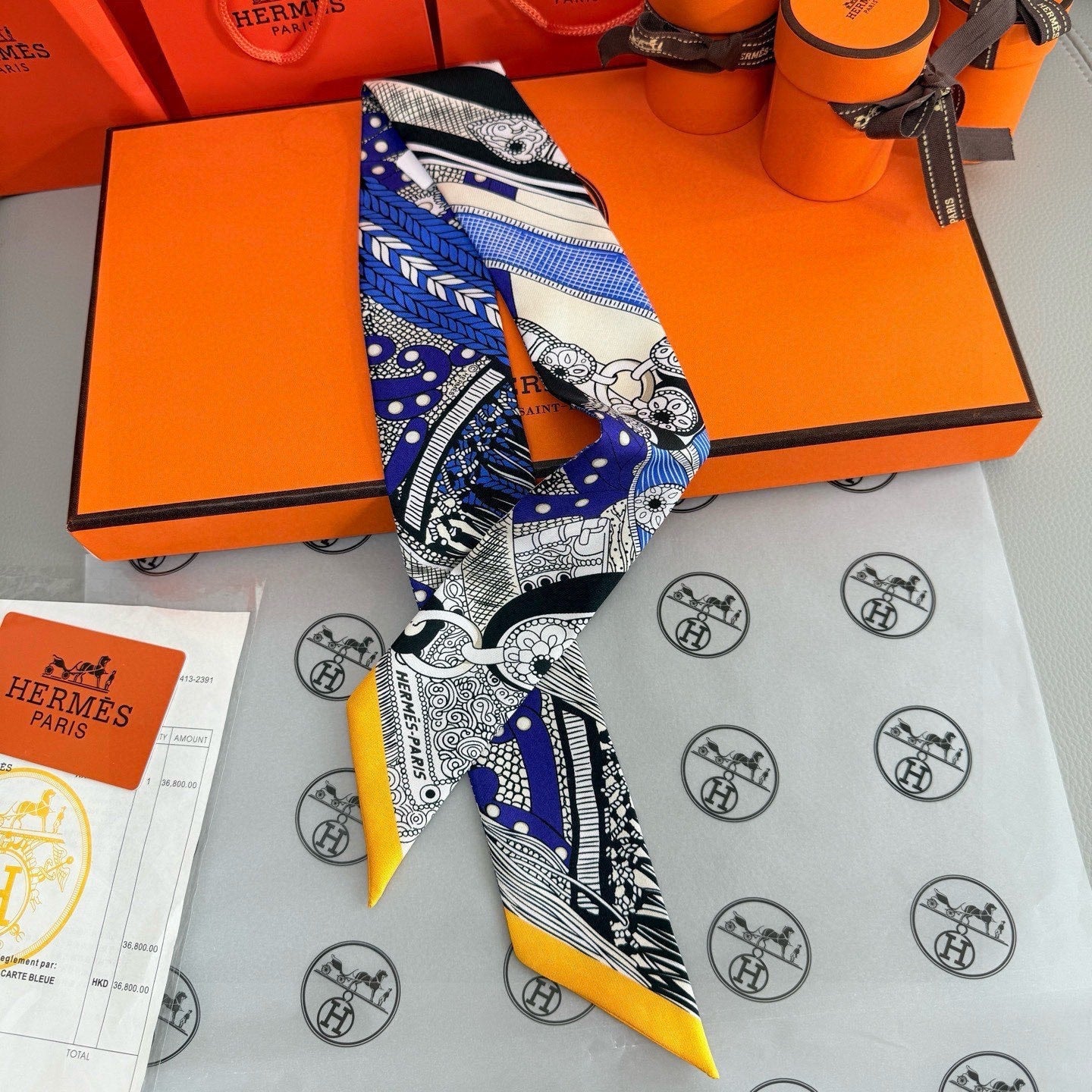 HM Twilly Mini Scarf 86CM Black Blue Mulberry Silk 965636