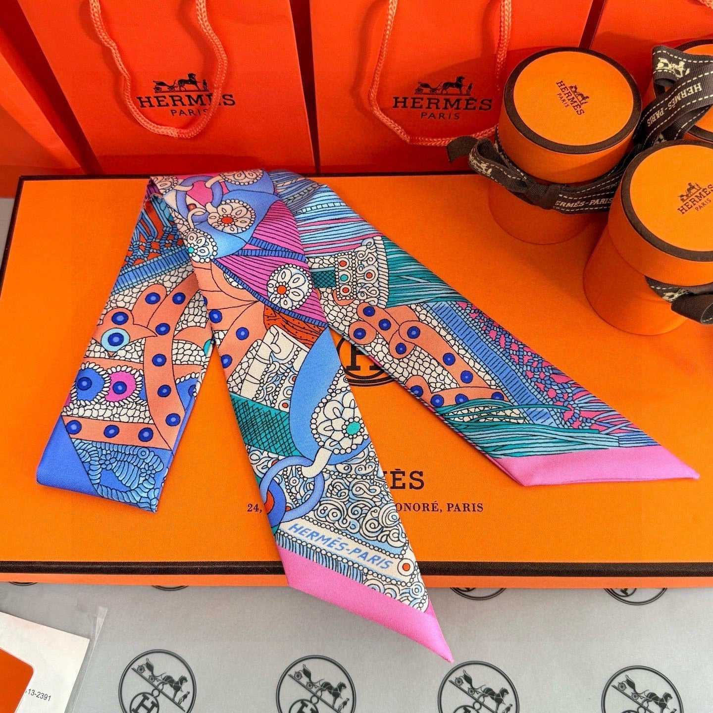 HM Twilly Mini Scarf 86CM Pink Blue Mulberry Silk 965638