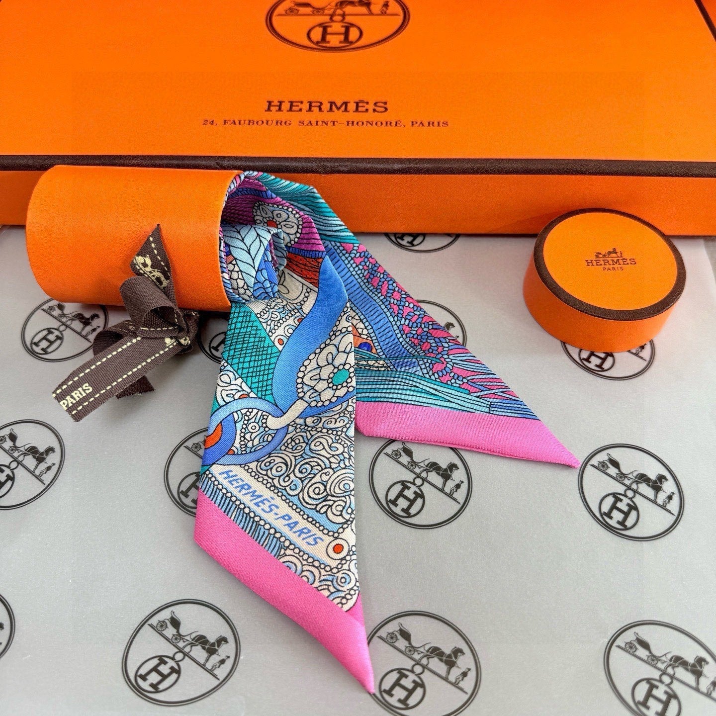 HM Twilly Mini Scarf 86CM Pink Blue Mulberry Silk 965638