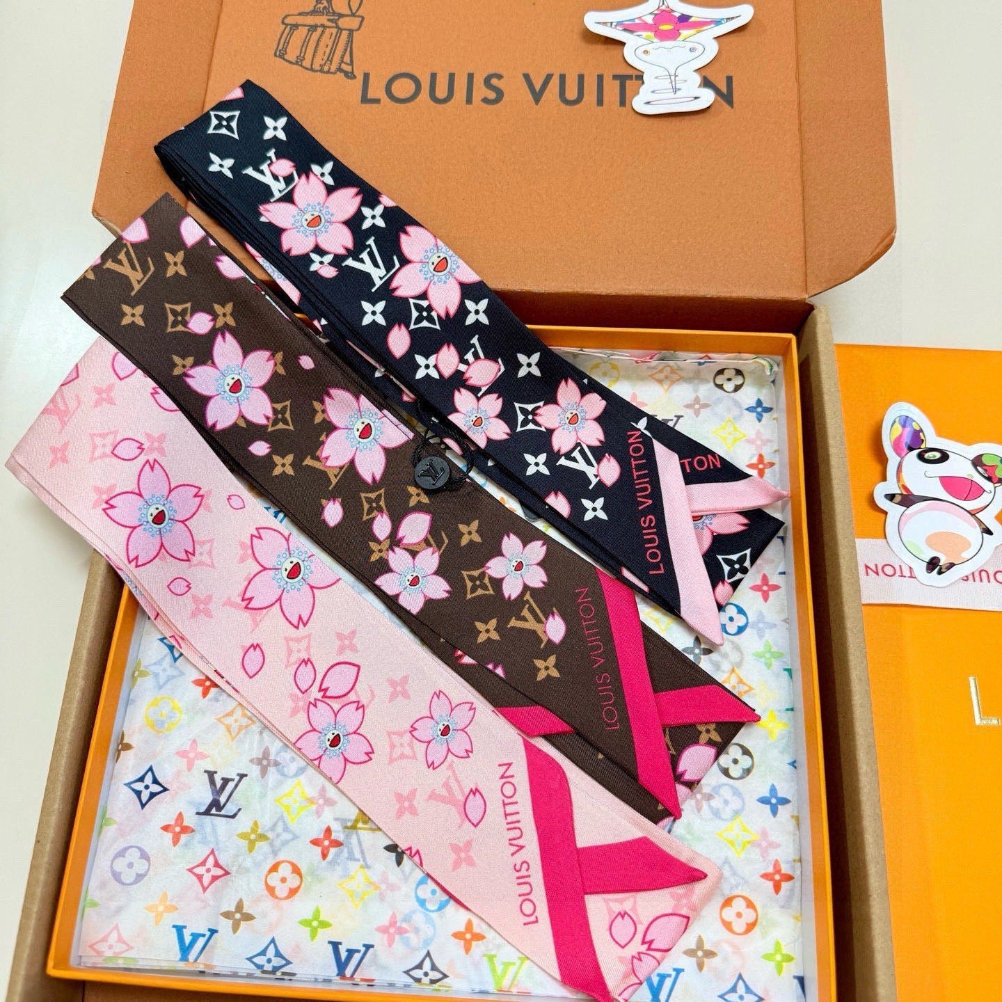 LV Twilly Scarf 120cm Brown Colorful Silk 965655