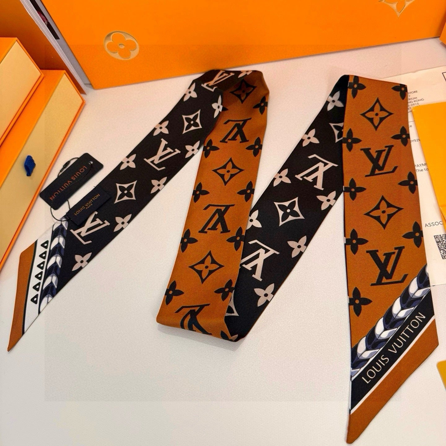 LV  Twilly Mini Scarf 120 Black Brown Silk Twill 967458