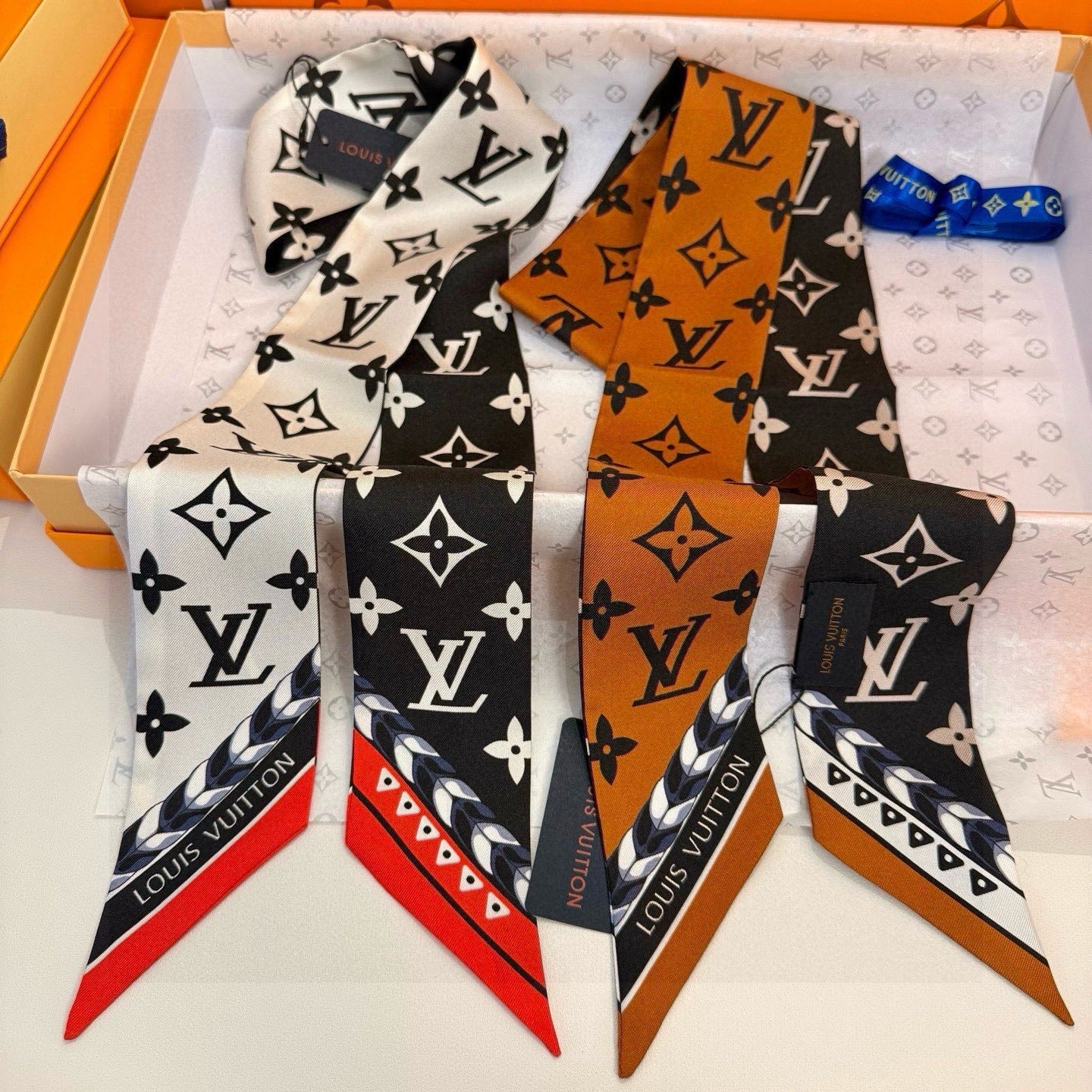 LV  Twilly Mini Scarf 120 Black Brown Silk Twill 967458