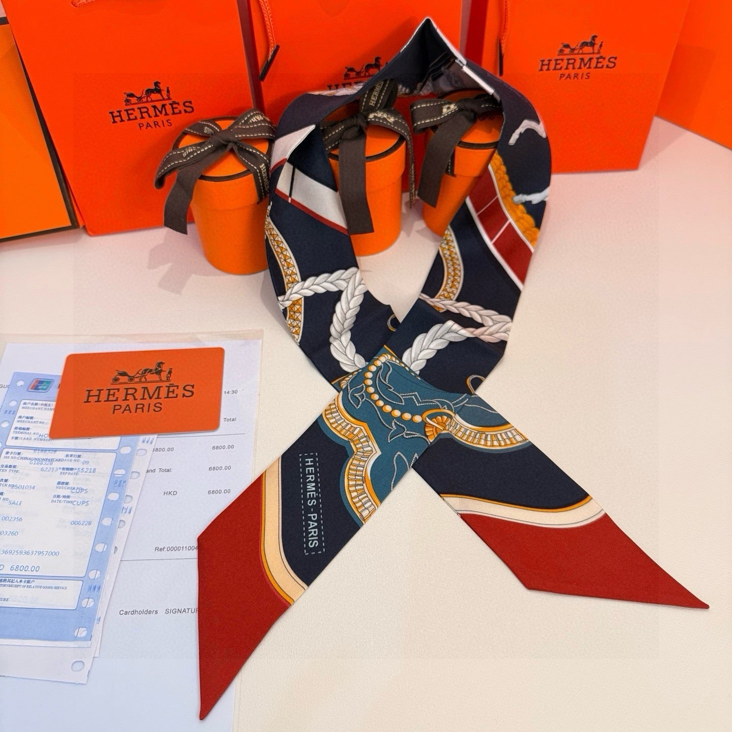 HM Twilly Mini Scarf 86CM Orange Black Blue Mulberry Silk 968827