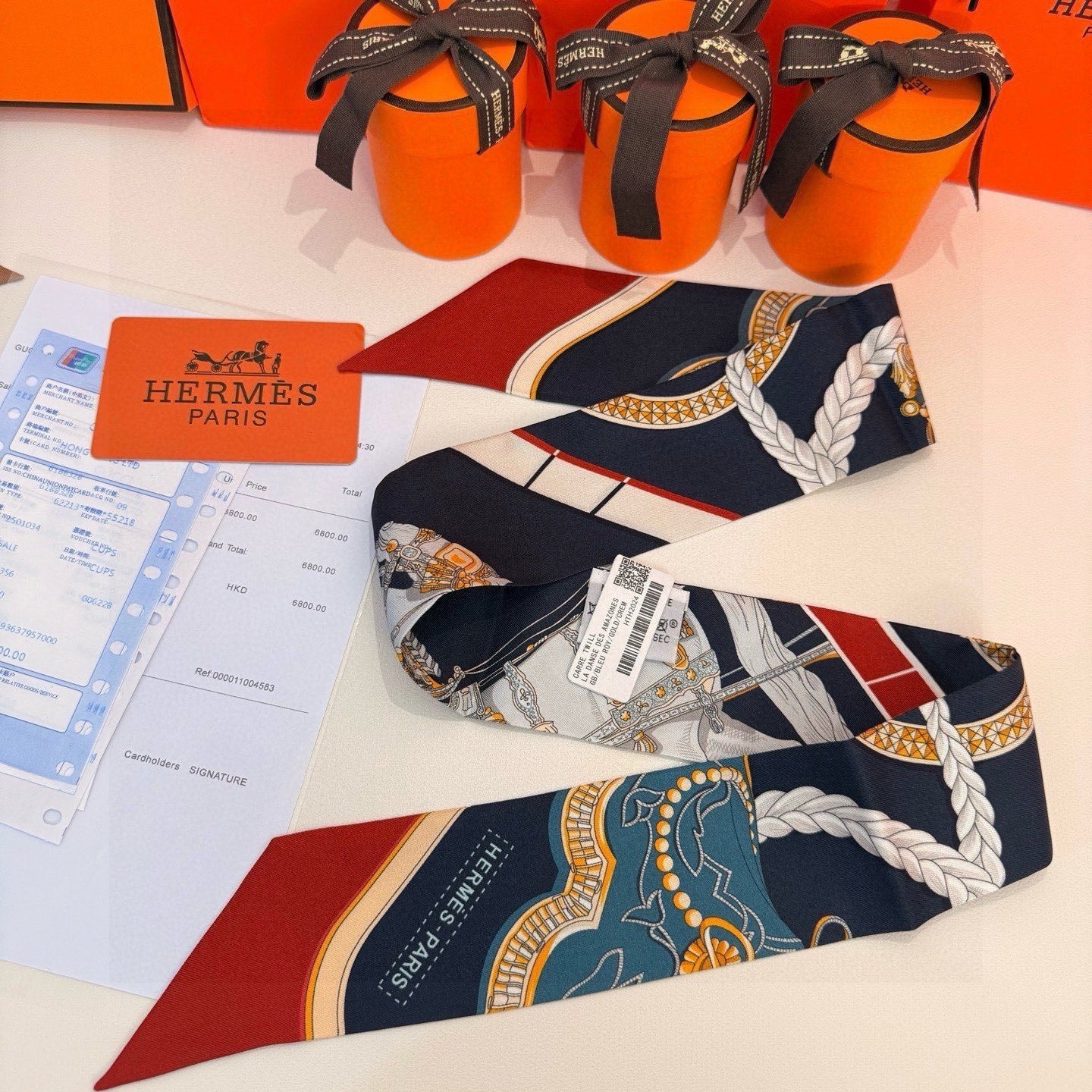 HM Twilly Mini Scarf 86CM Orange Black Blue Mulberry Silk 968827