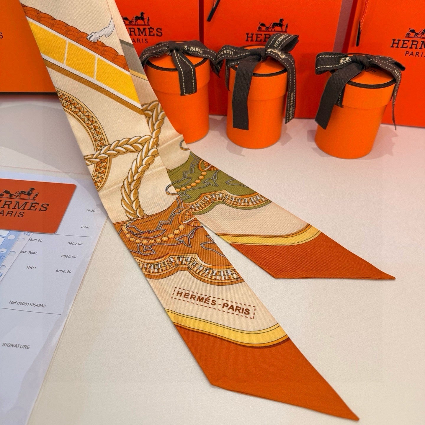 HM Twilly Mini Scarf 86CM Orange Beige Mulberry Silk 968830