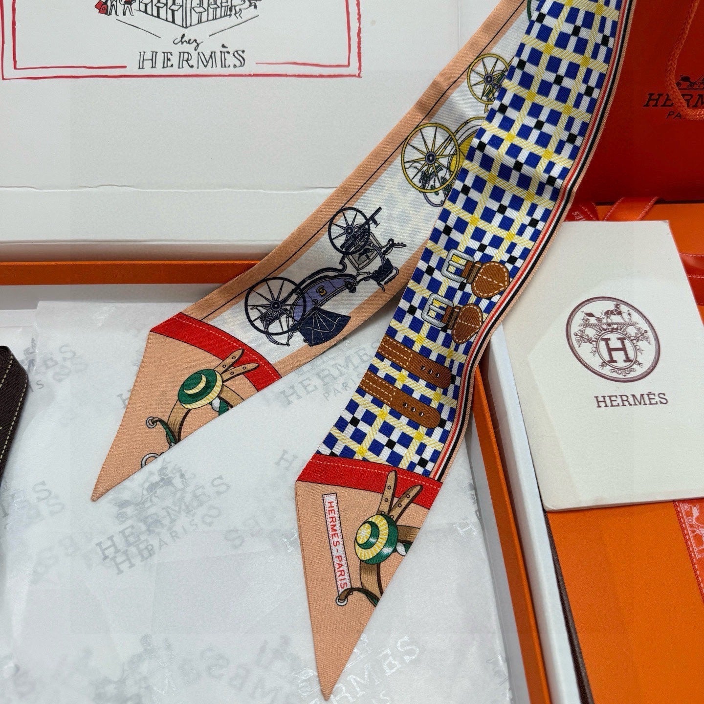 HM Twilly Mini Scarf 86CM Beige Blue Mulberry Silk 968838