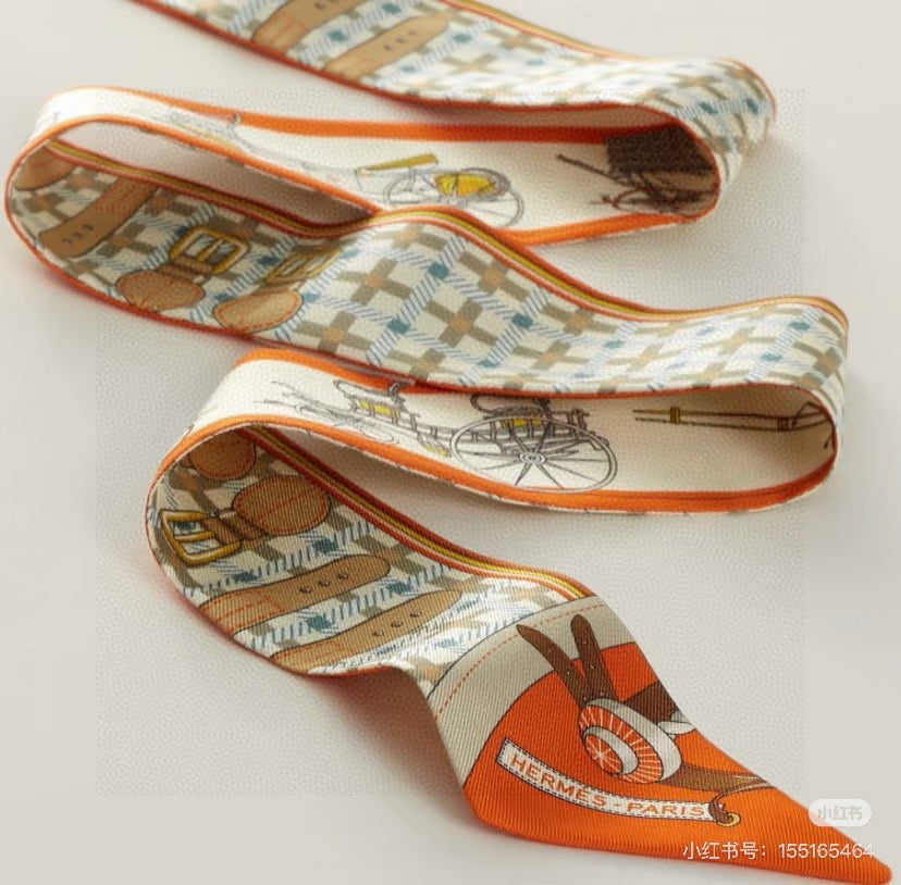 HM Twilly Mini Scarf 86CM Orange Beige Mulberry Silk 968843