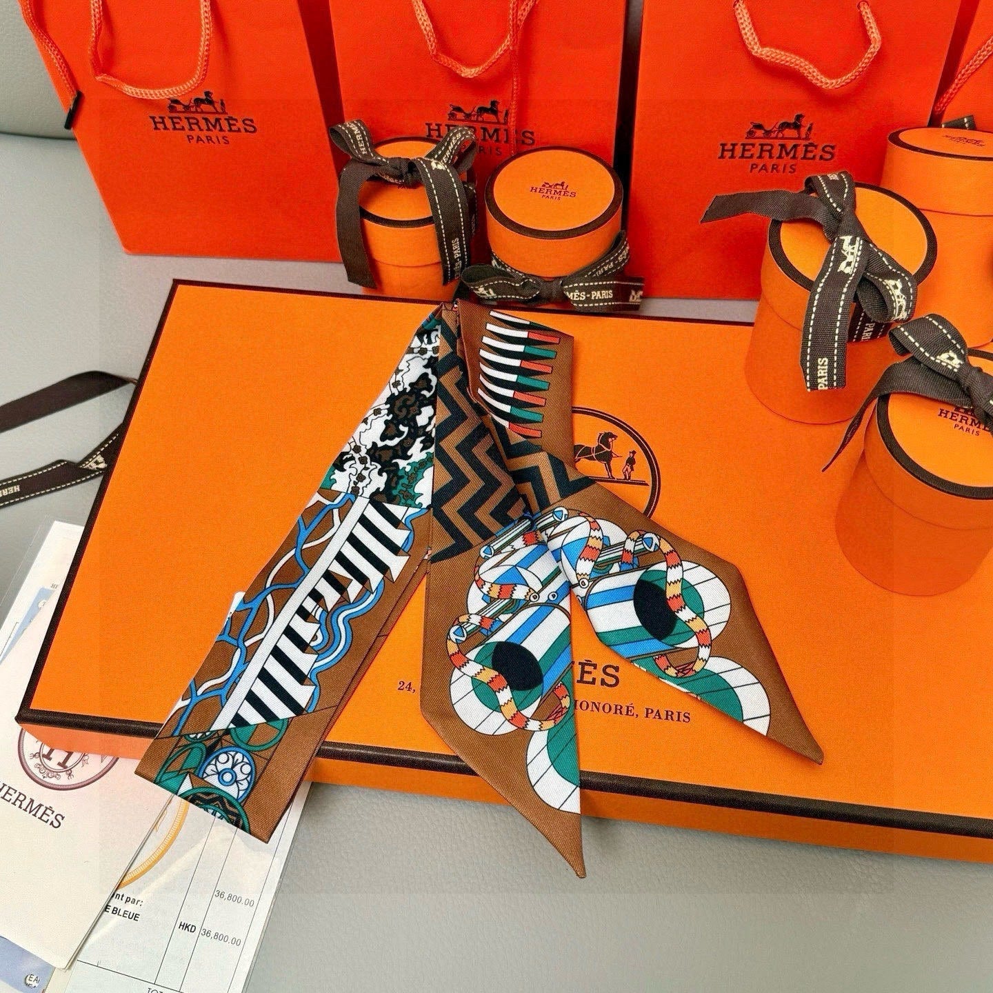 HM Twilly Mini Scarf 86CM Brown Blue Mulberry Silk 969048