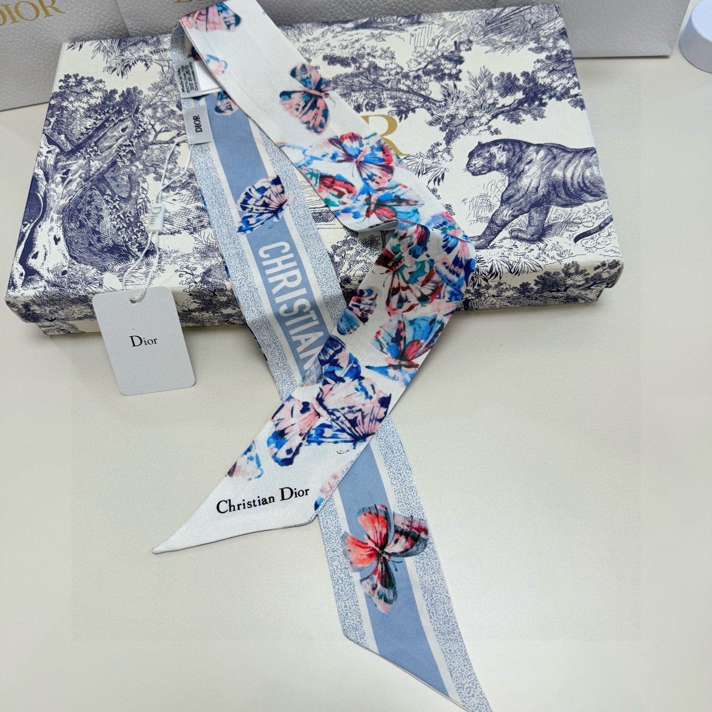 CD Twilly Mini Scarf 105cm Butterfly Light Blue Mulberry Silk 976489