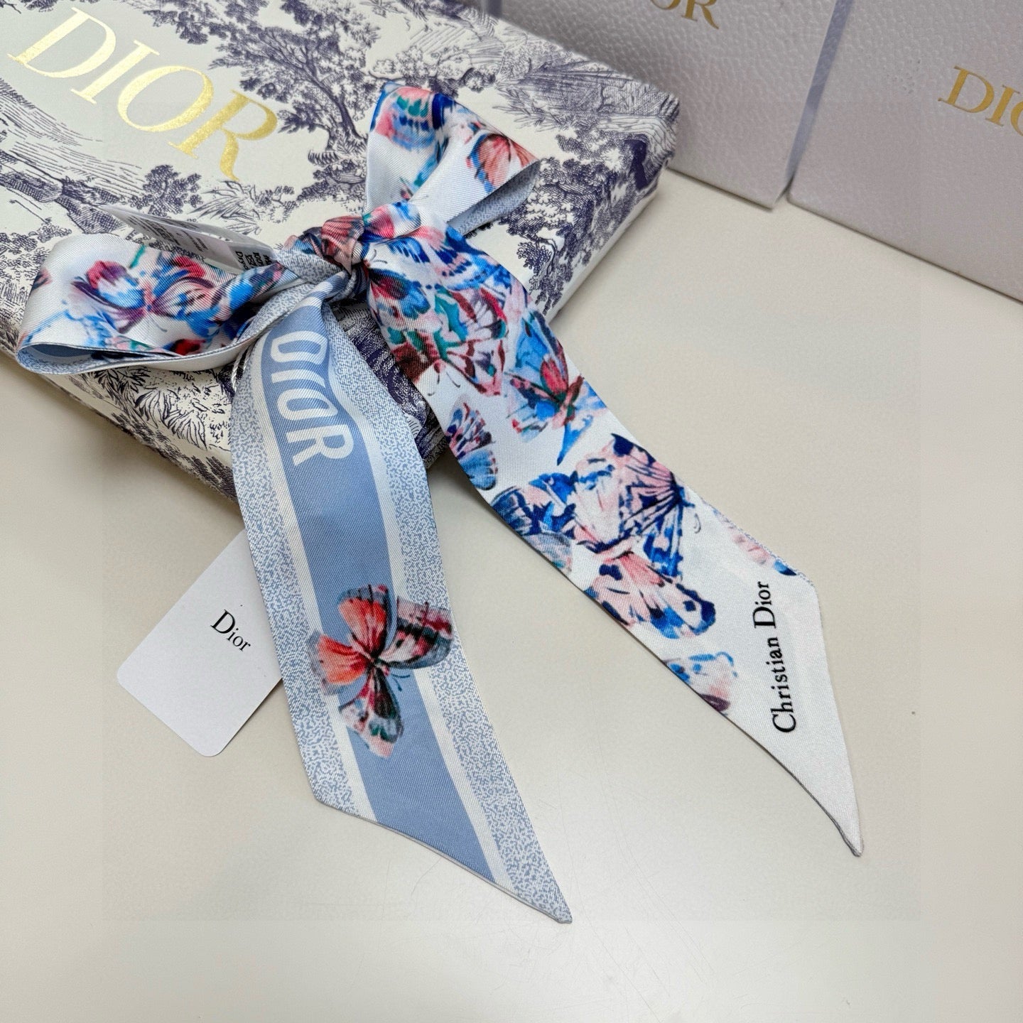 CD Twilly Mini Scarf 105cm Butterfly Light Blue Mulberry Silk 976489