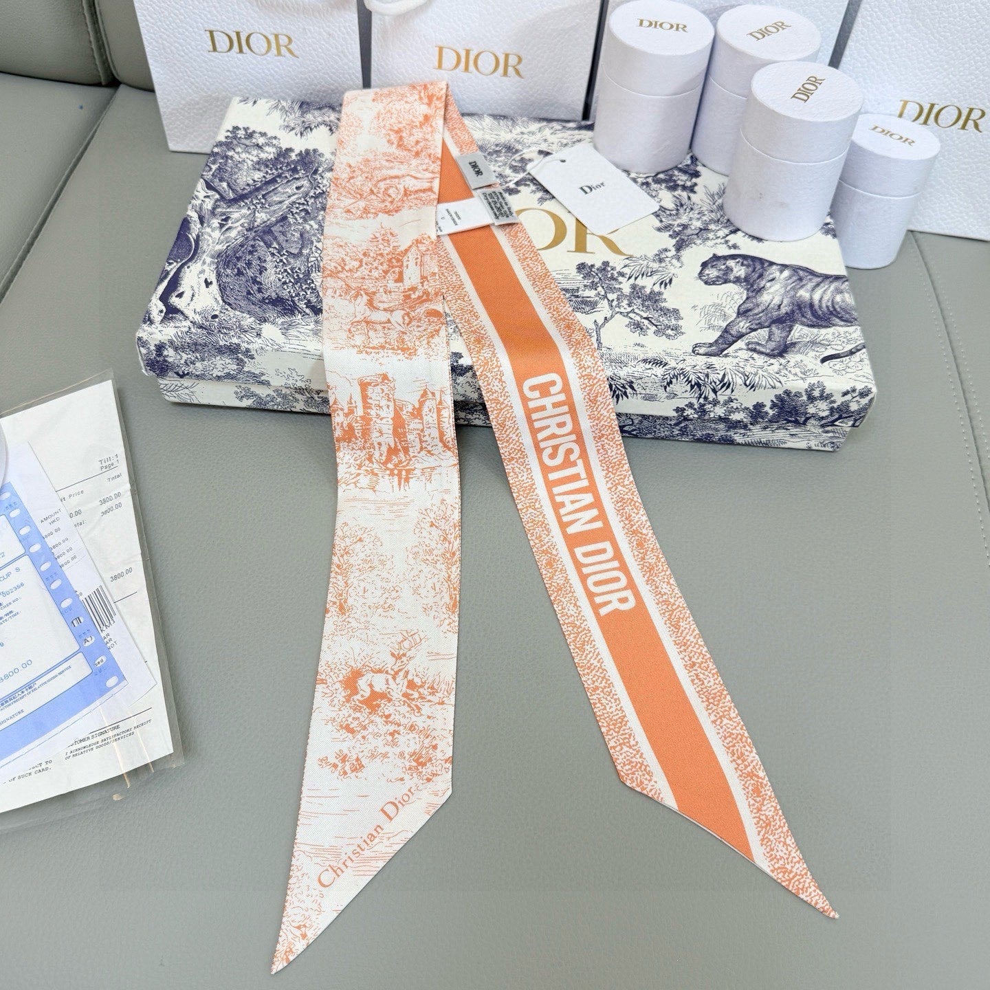 CD Twilly Mini Scarf 105cm Orange White Mulberry Silk 976490