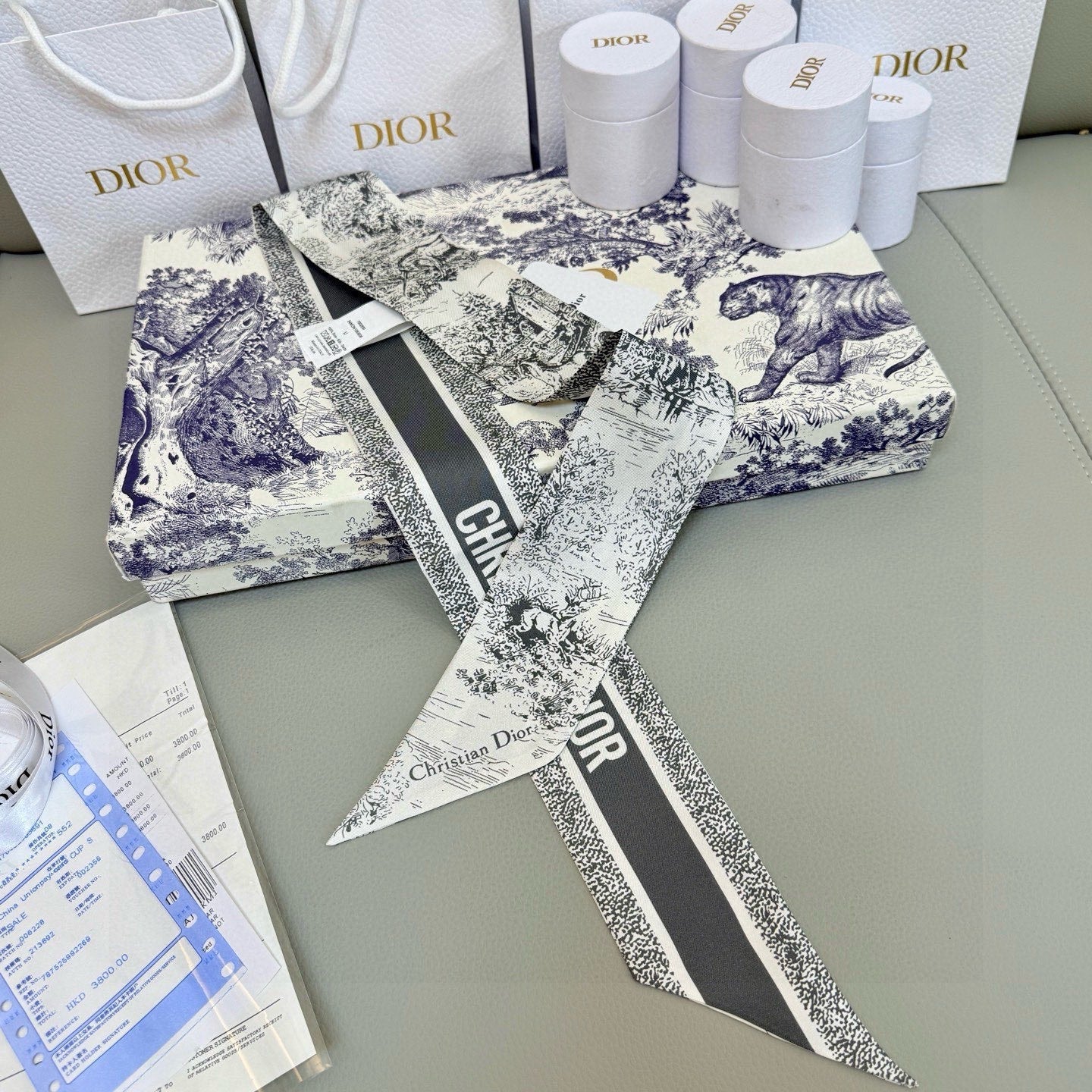 CD Twilly Mini Scarf 105cm Black White Mulberry Silk 976492