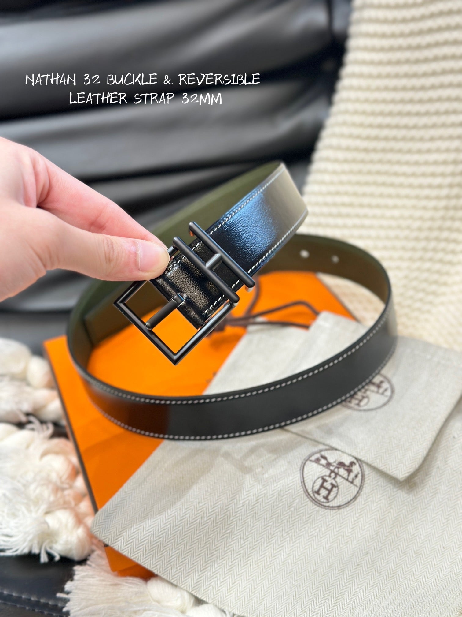 HM NATHAN REVERSIBLE BELT  32MM OLIVE GREEN AND BLACK LEATHER BLACK HARDWARE