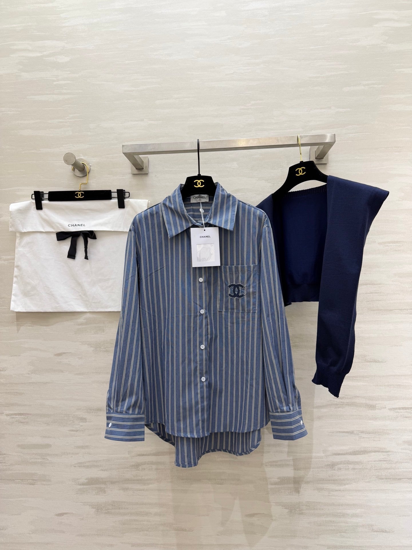 Chanel 2026 Sriped Shirt and Knitted Shawl Blue Cotton 352264