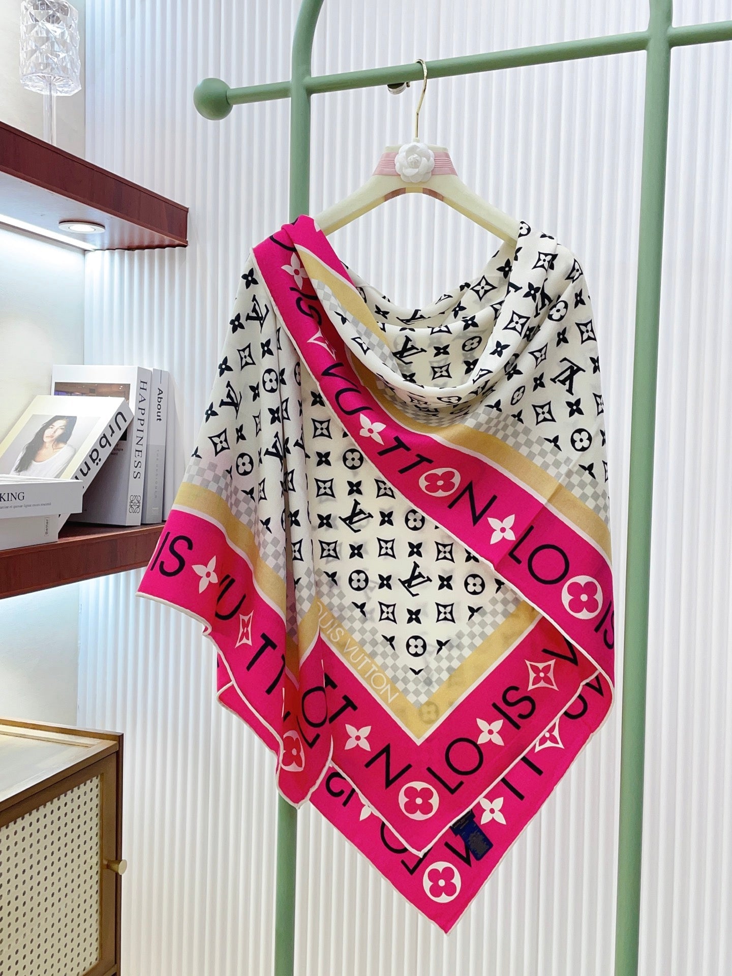 LV Double-sided Scarf 140cm White Pink Cashmere 971048