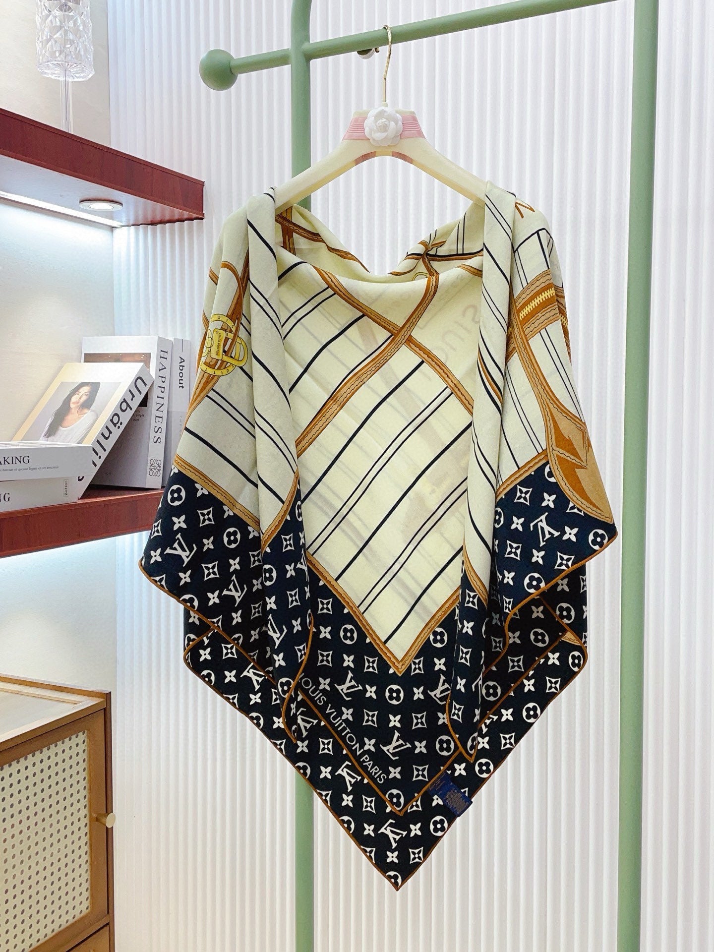 LV Double-sided Scarf 140cm Black White Cashmere 971049