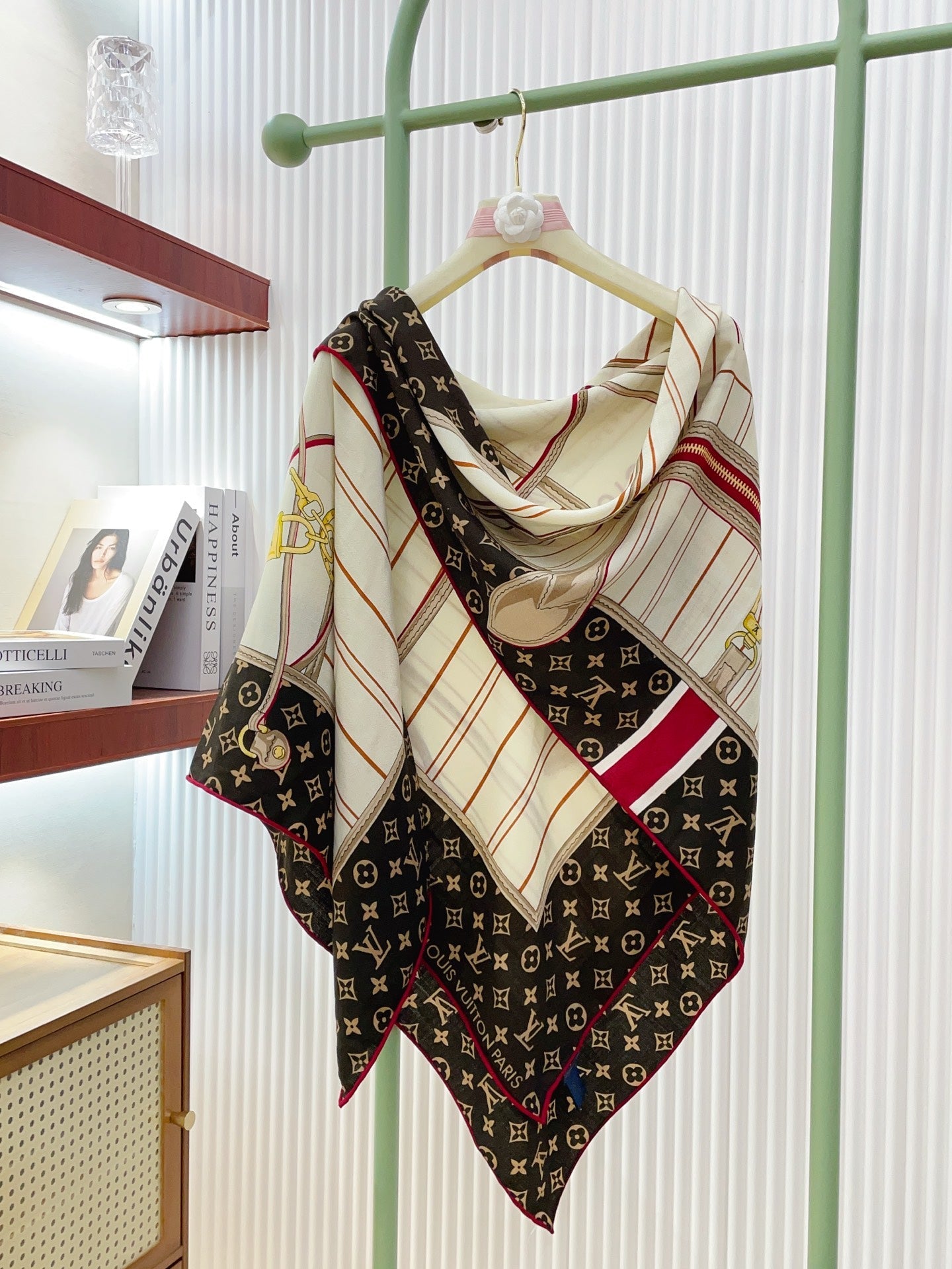 LV Double-sided Scarf 140cm Brown White Cashmere 971051