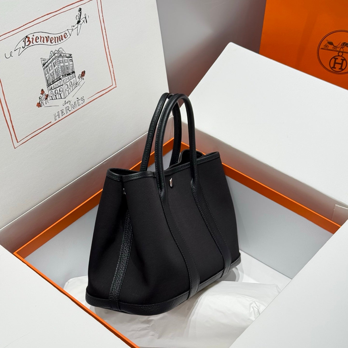 HM Garden Party 30cm Bag Black Togo Black Canvas