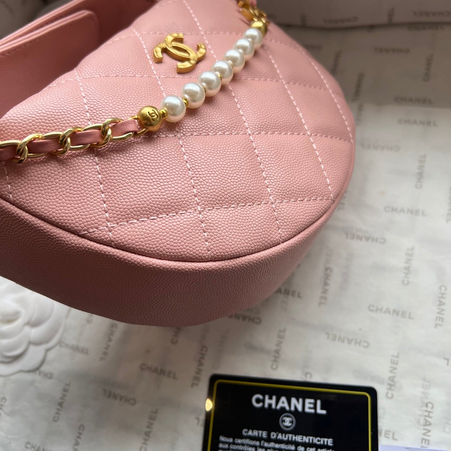Chanel 2026 Quilted Pearl Chain Pouch Hobo Bag 19cm Grained Calfskin