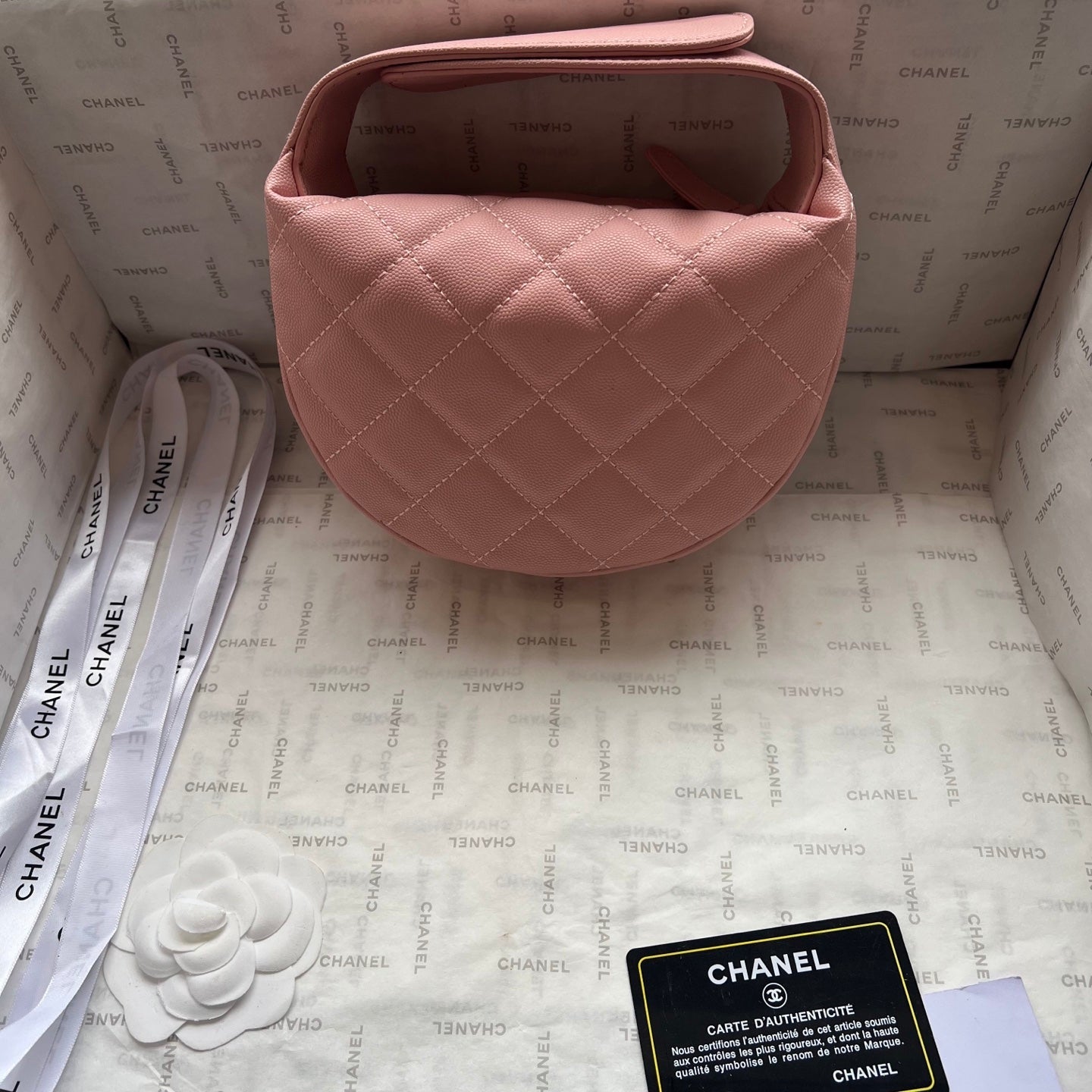 Chanel 2026 Quilted Pearl Chain Pouch Hobo Bag 19cm Grained Calfskin