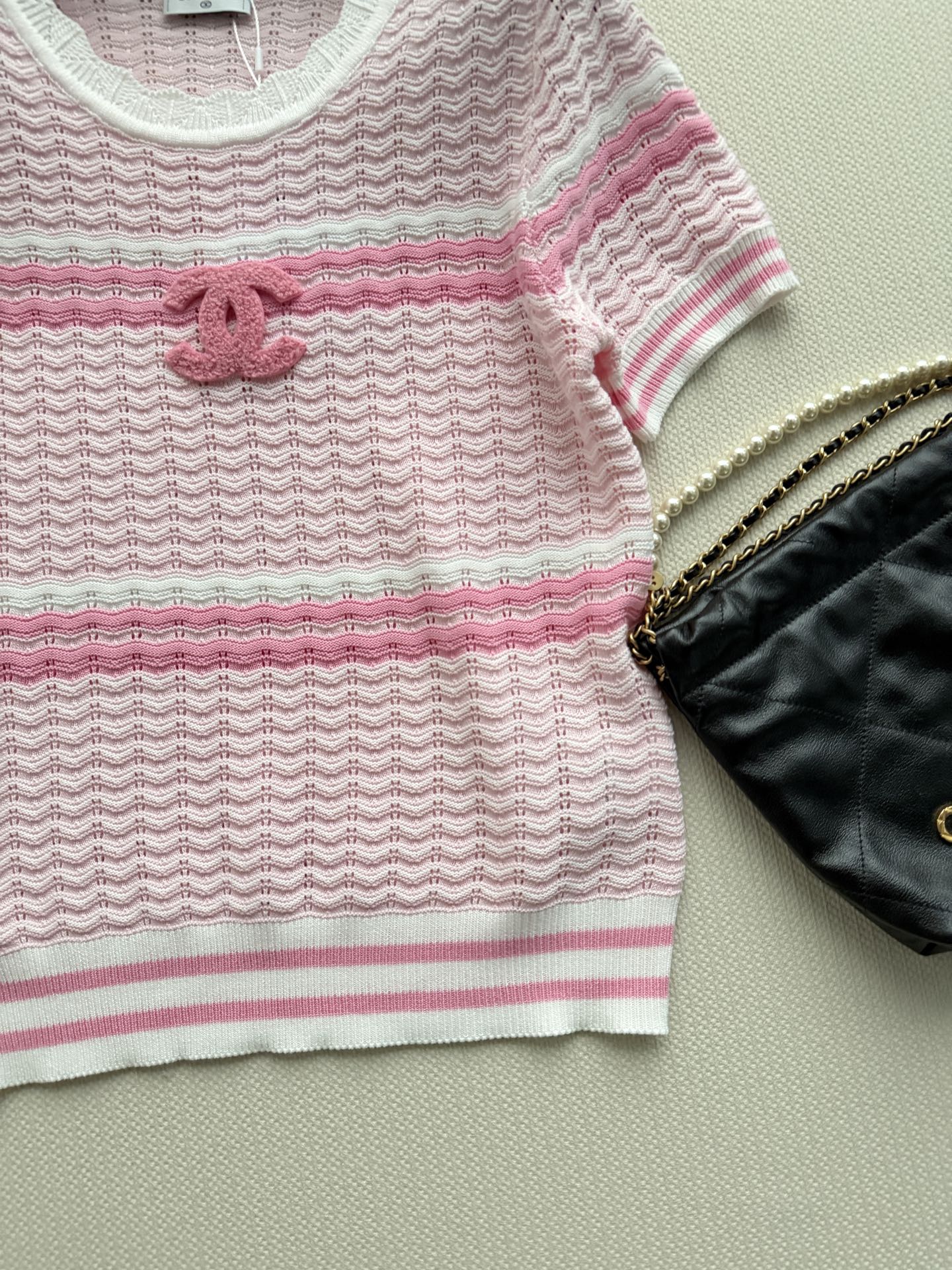 Chanel 2026 Striped Short-sleeved Shirt Pink White Wool