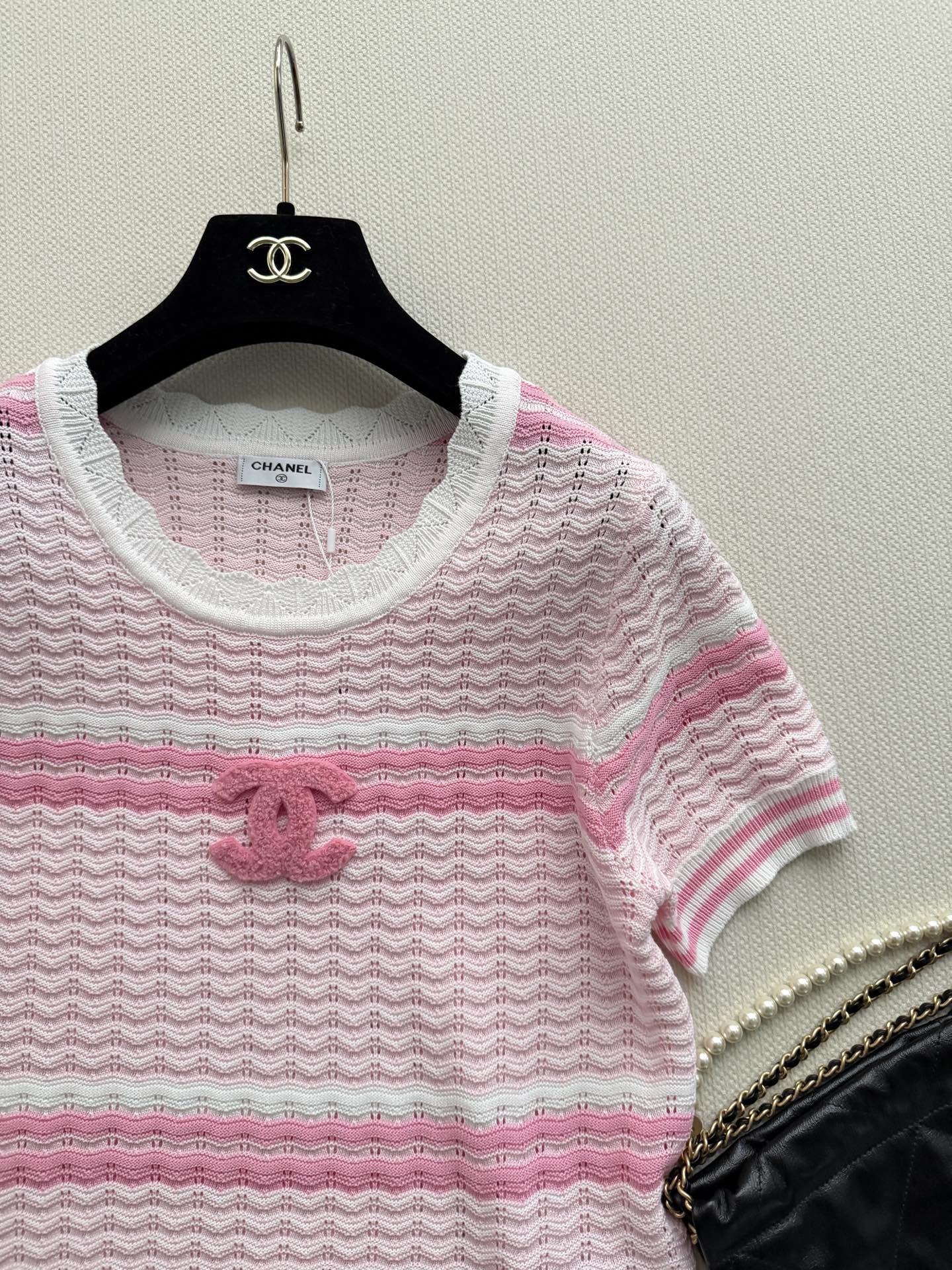 Chanel 2026 Striped Short-sleeved Shirt Pink White Wool
