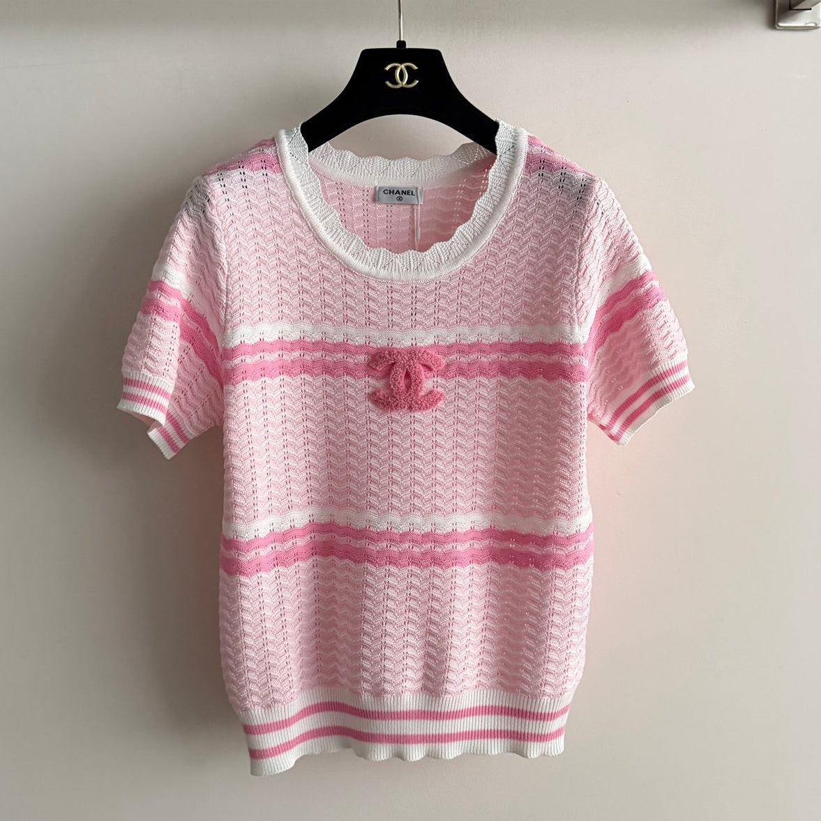 Chanel 2026 Striped Short-sleeved Shirt Pink White Wool