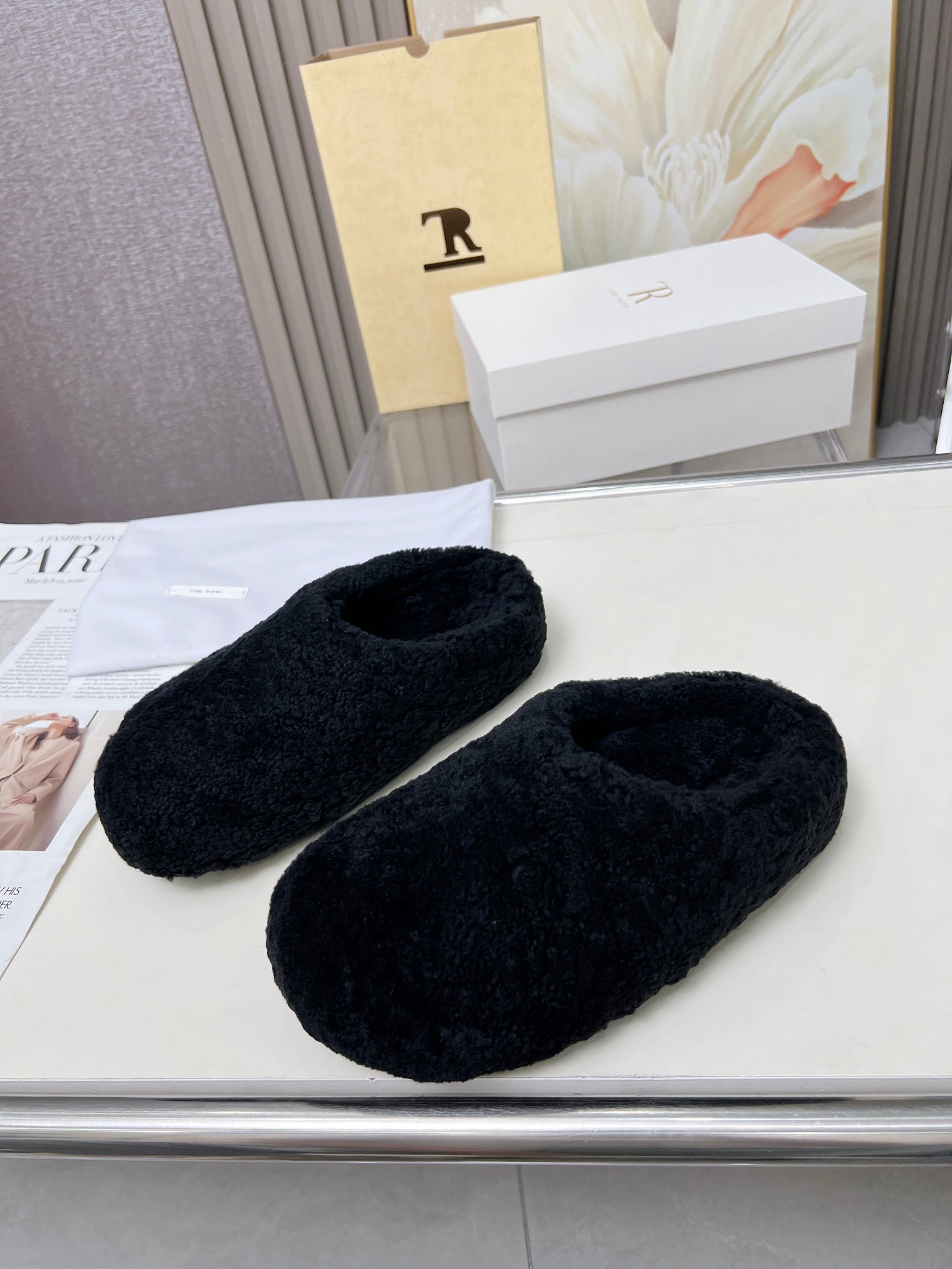 The Row 2025 Retro Oversized Toe Birkenstock Slipper Black Wool 576033