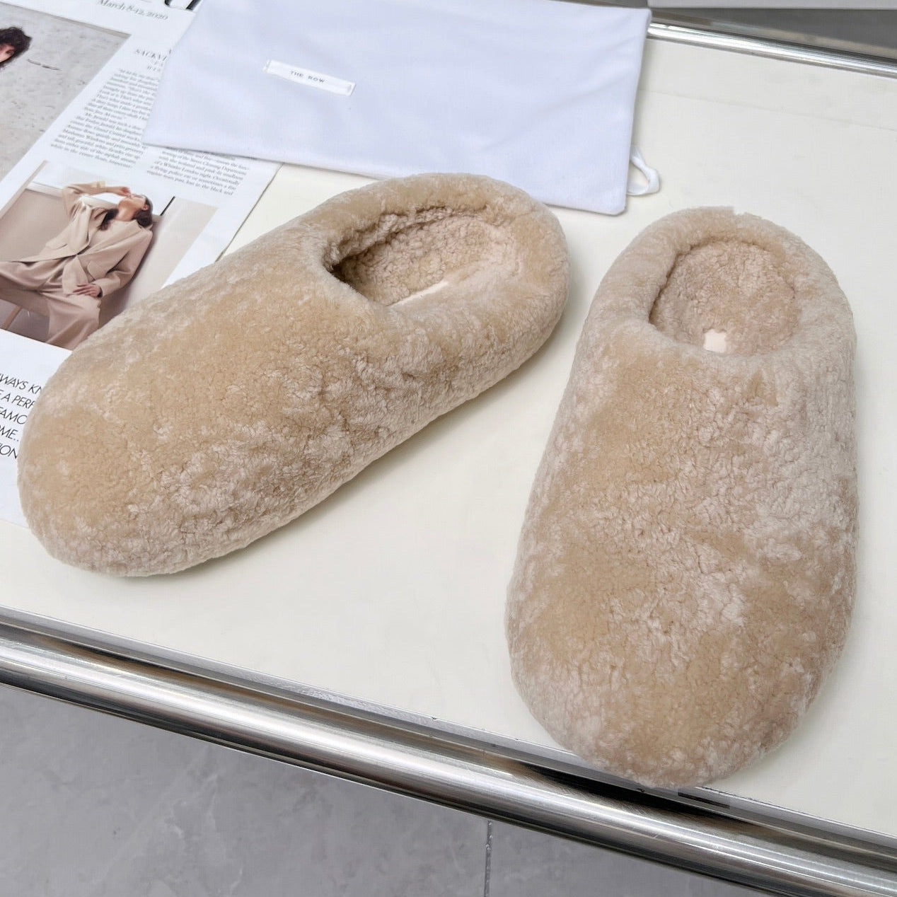 The Row 2025 Retro Oversized Toe Birkenstock Slipper Beige Wool 576034