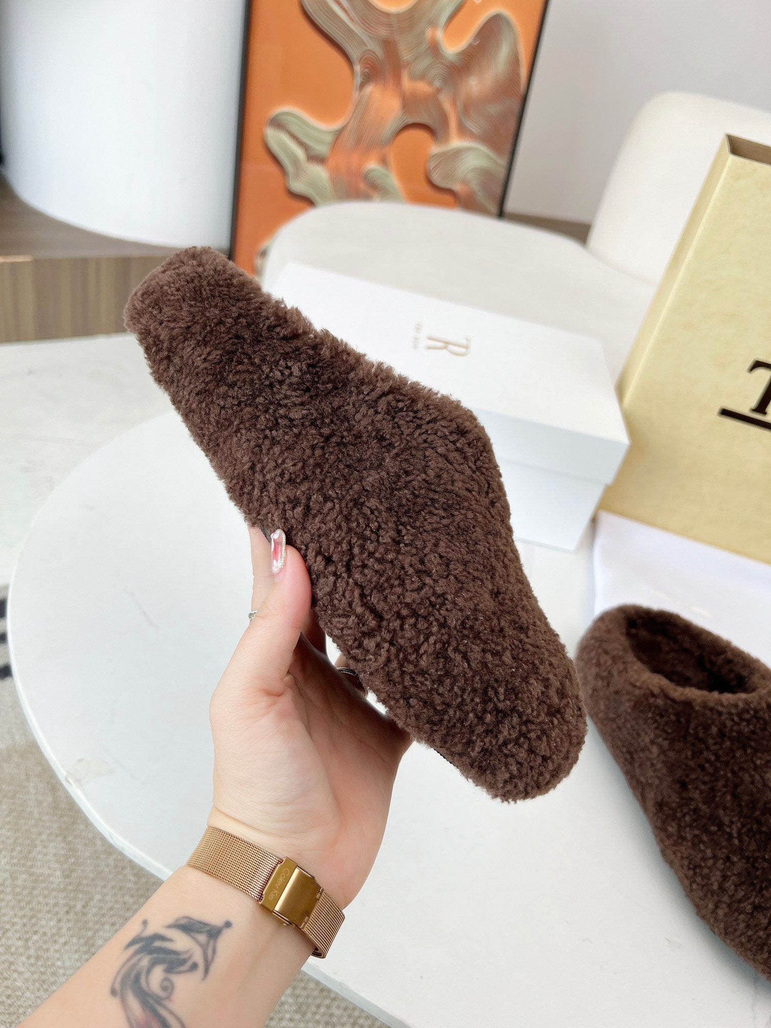 The Row 2025 Retro Oversized Toe Birkenstock Slipper Dark Brown Wool 576031