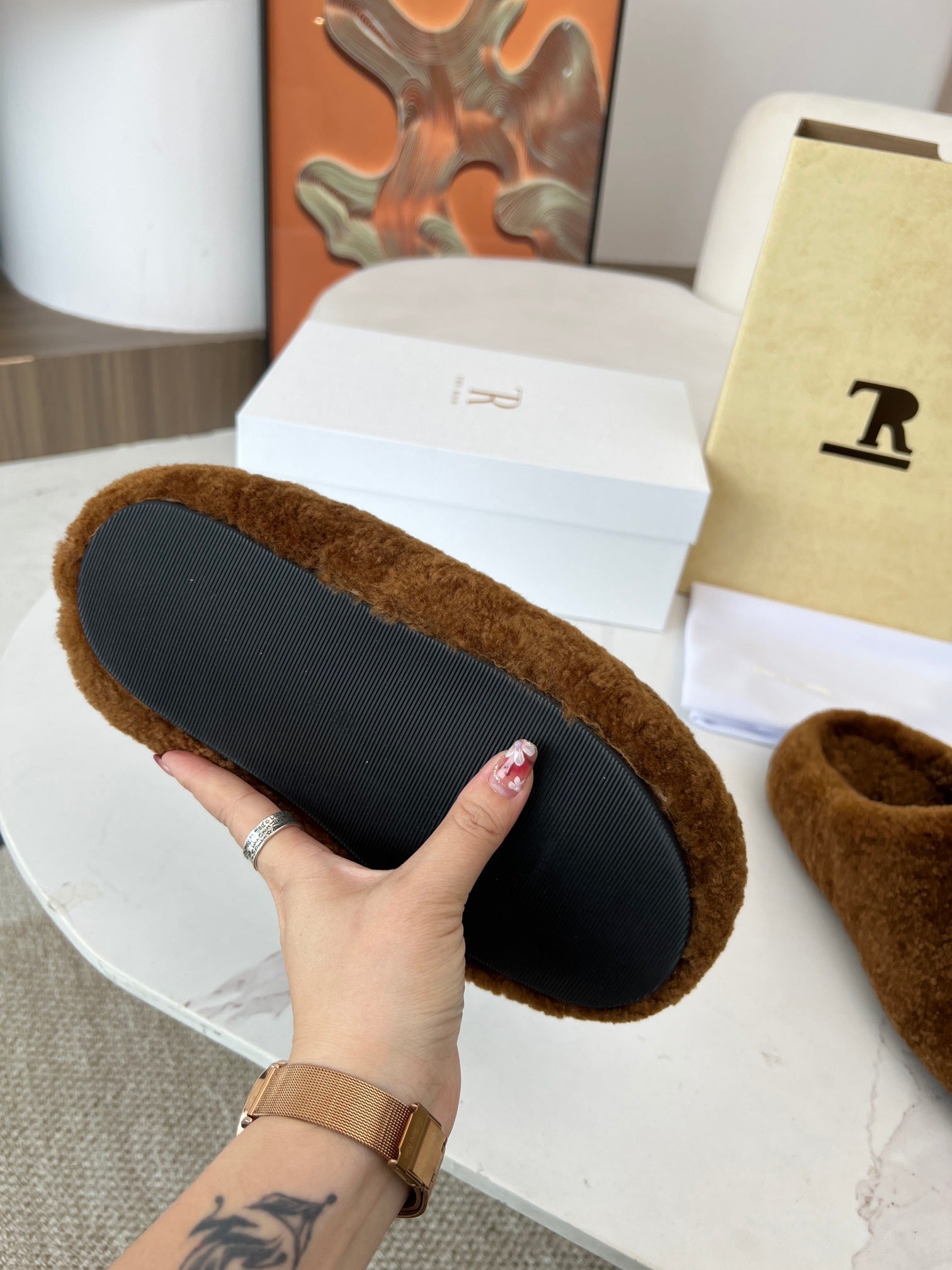 The Row 2025 Retro Oversized Toe Birkenstock Slipper Brown Wool 576032