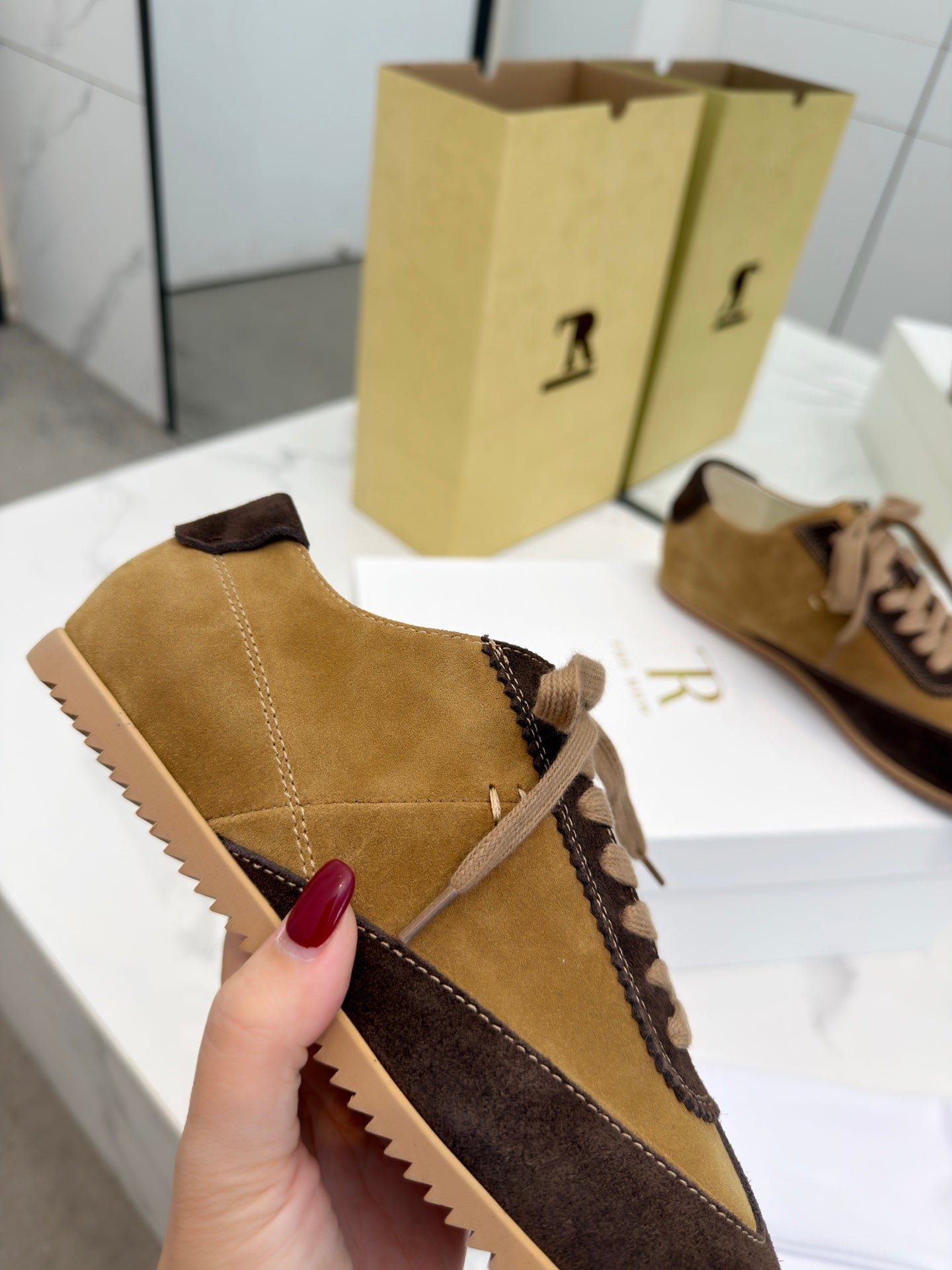 The Row 2025 Sneaker Dark Brown mix Tan Suede Sheepskin 576014