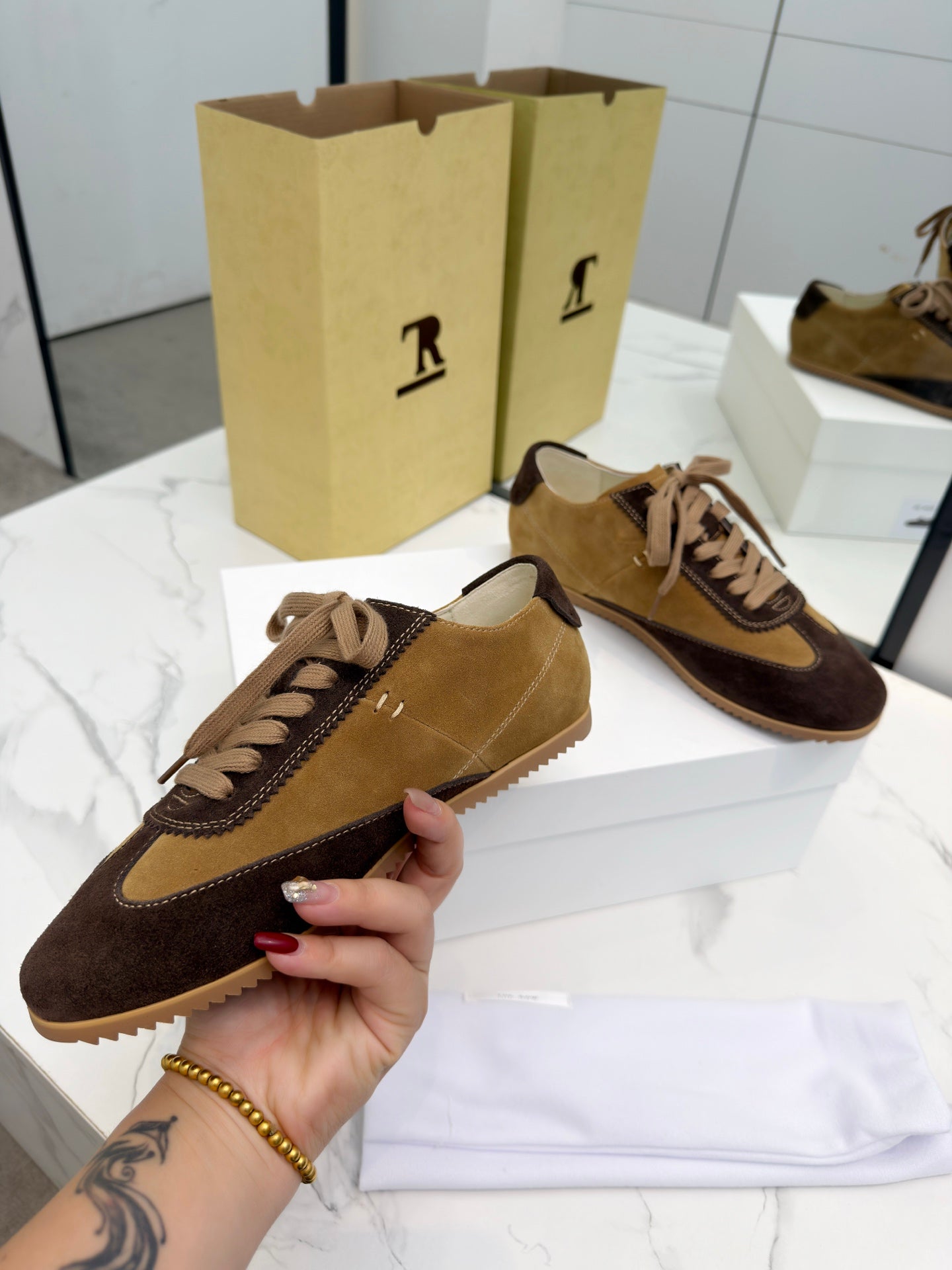 The Row 2025 Sneaker Dark Brown mix Tan Suede Sheepskin 576014