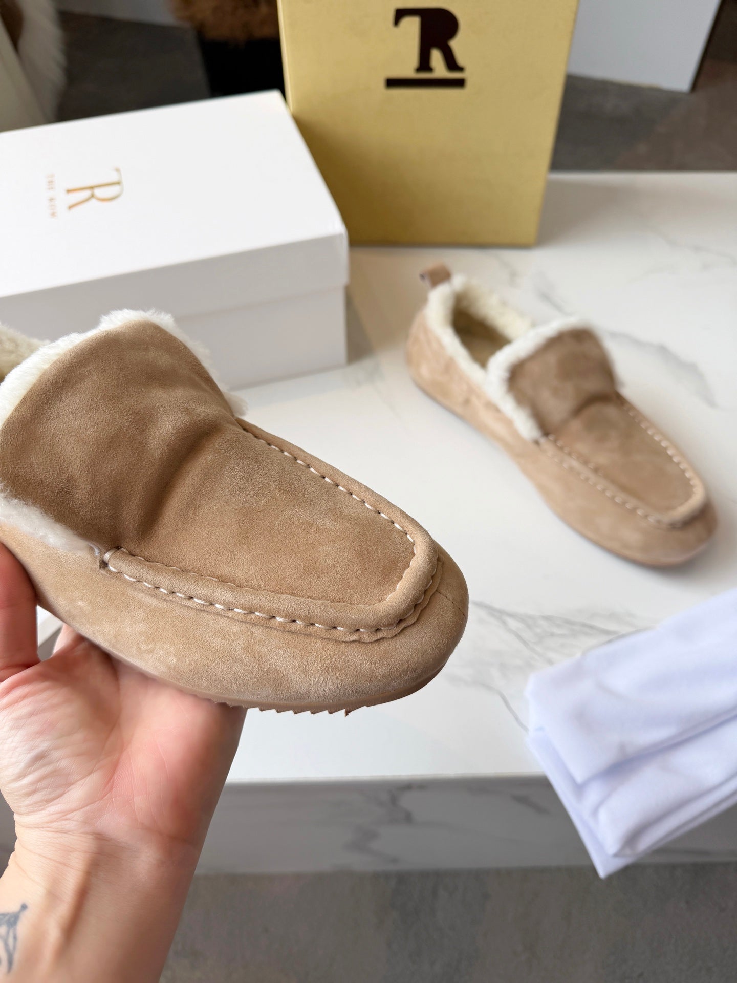 The Row 2025 Loafer Beige Suede Wool 576844