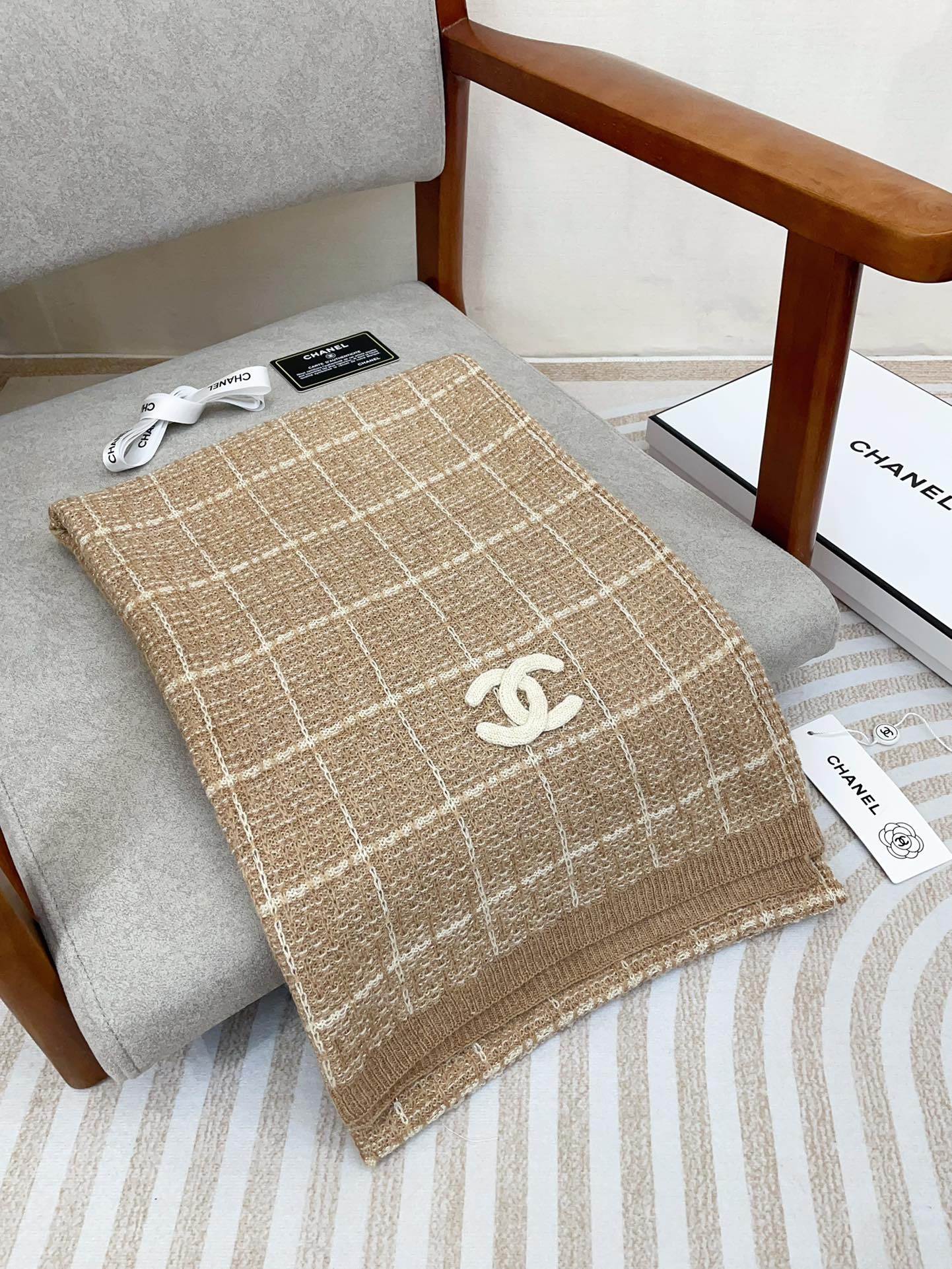 CC Scarf 180 CM In Light Brown With White Stripes Cashmere 415179