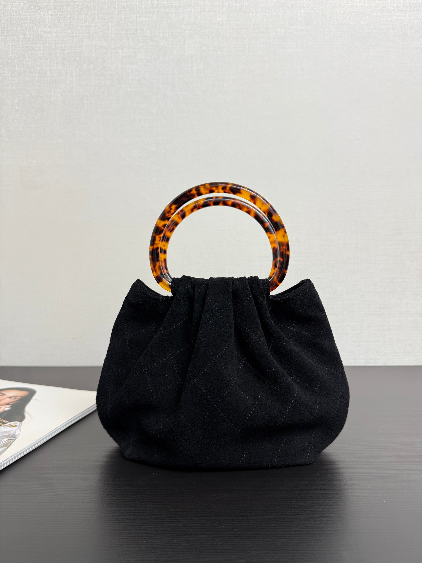 Chanel 2026 Pouch 24cm Black Tortoiseshell Suede Effect Plexi