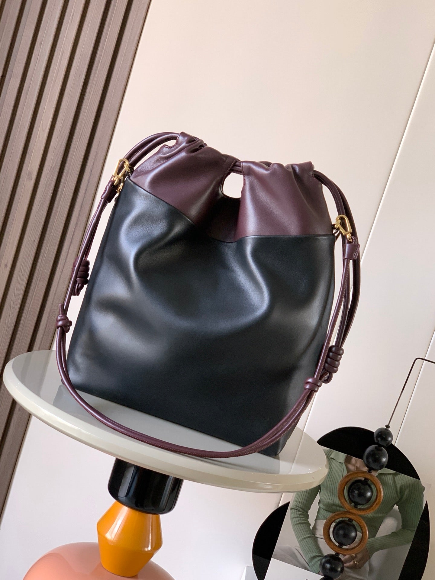 Loewe Flamenco Purse Tote Bag 38 Black Burgundy Lambskin 274698